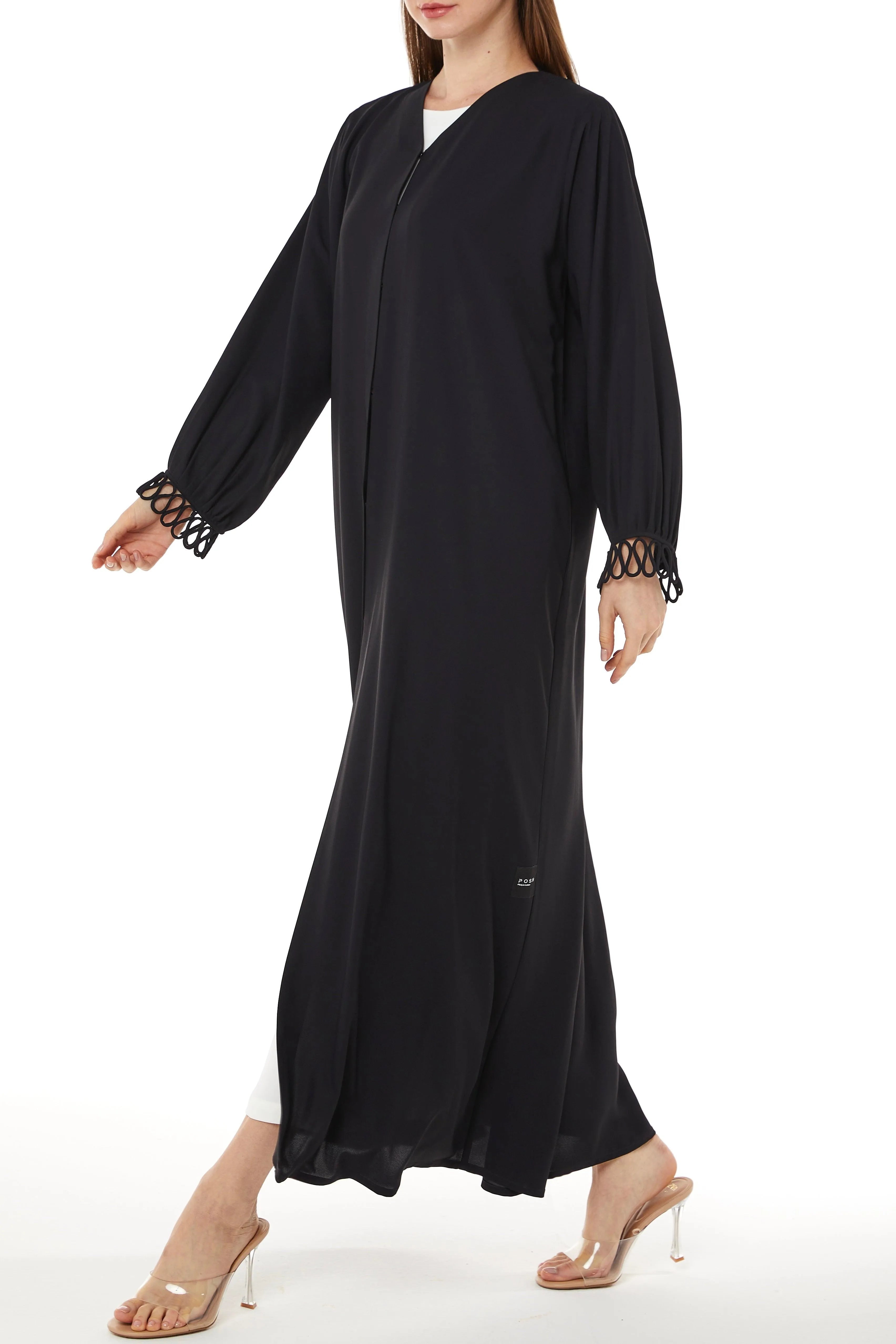 Soft Crepe Loop Detail Black Abaya - Posh Abaya