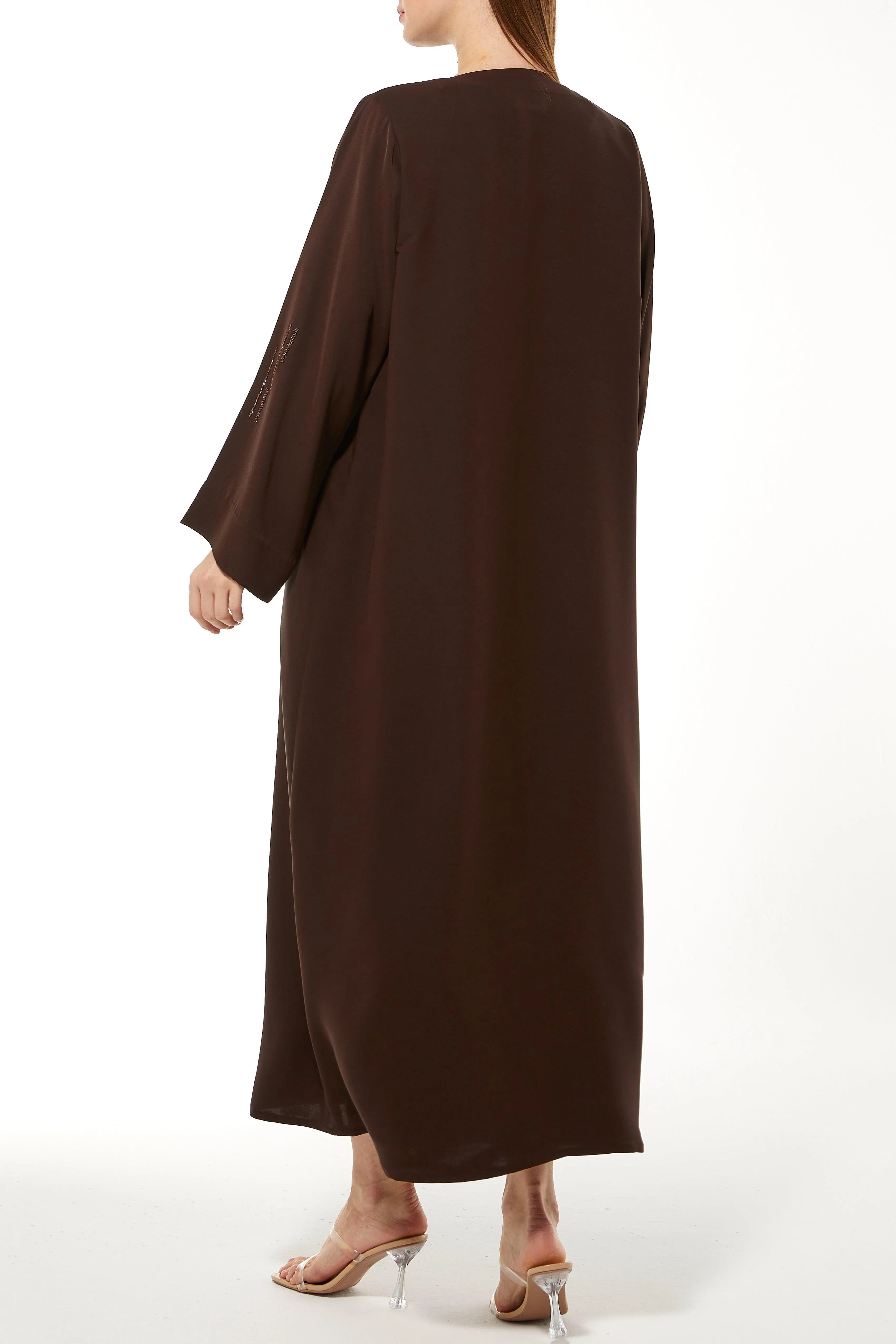 Brown Rose Crepe Abaya with Front Linear Beadwork - Posh Abaya