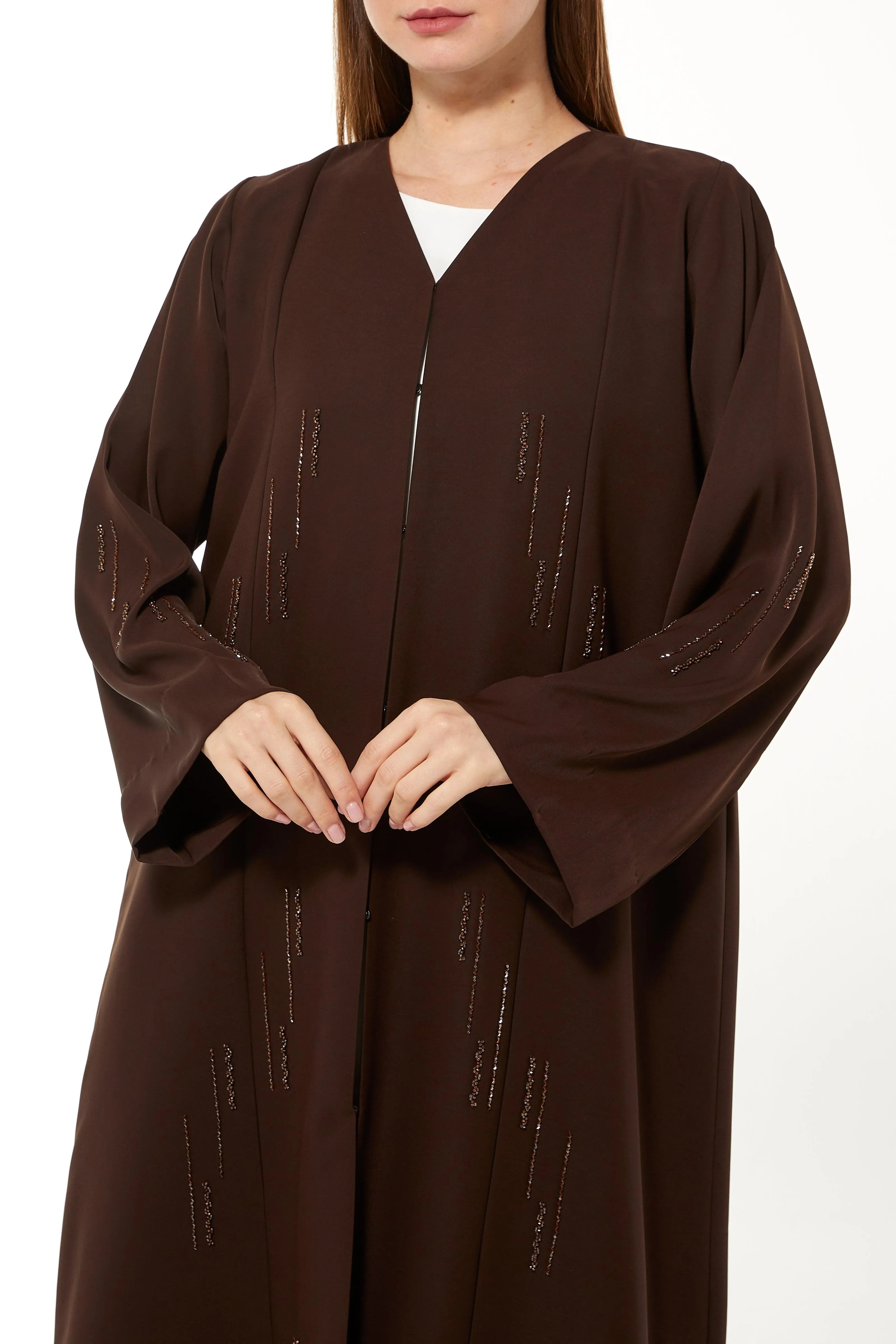 Brown Rose Crepe Abaya with Front Linear Beadwork - Posh Abaya