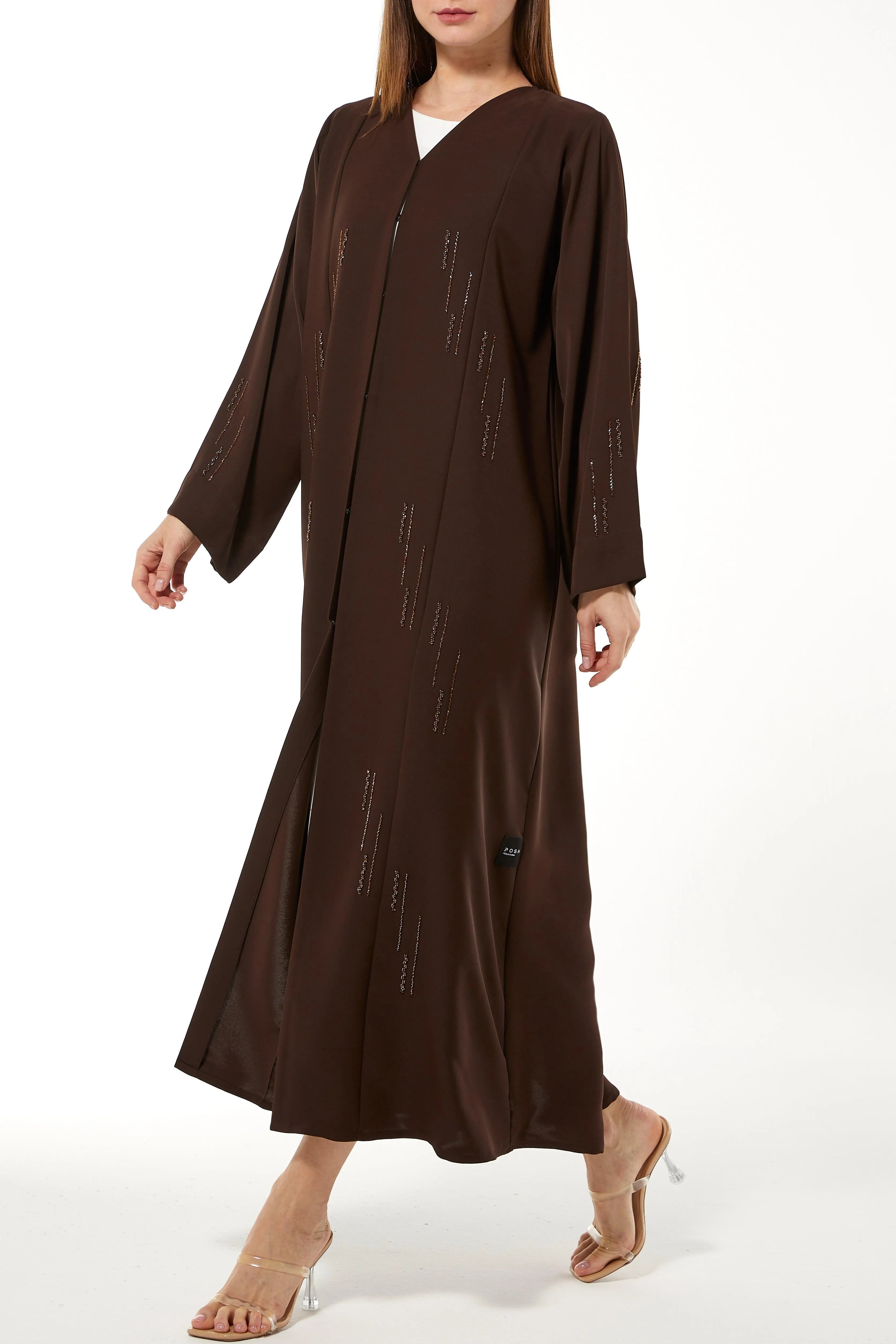 Brown Rose Crepe Abaya with Front Linear Beadwork - Posh Abaya