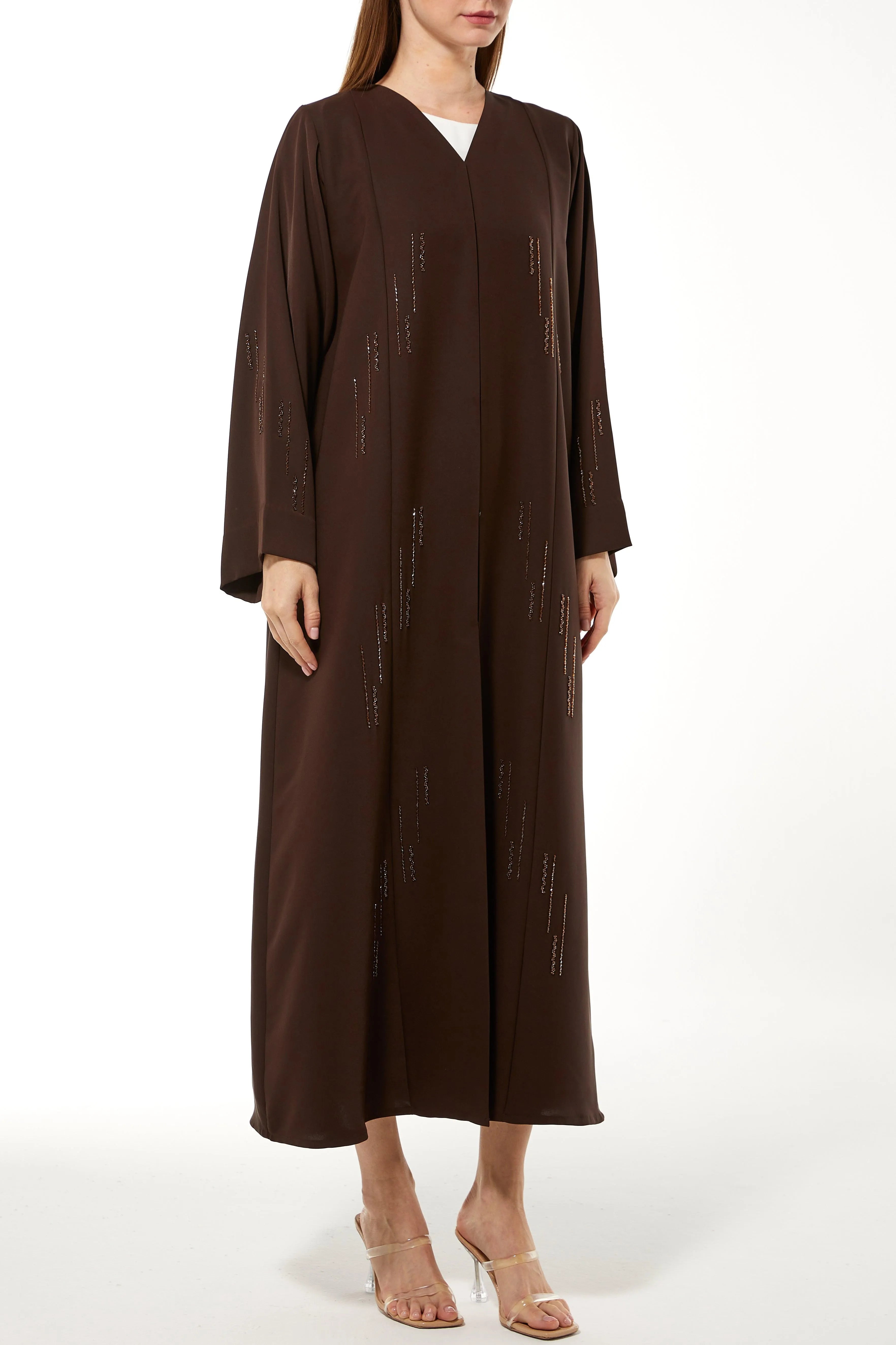 Brown Rose Crepe Abaya with Front Linear Beadwork - Posh Abaya