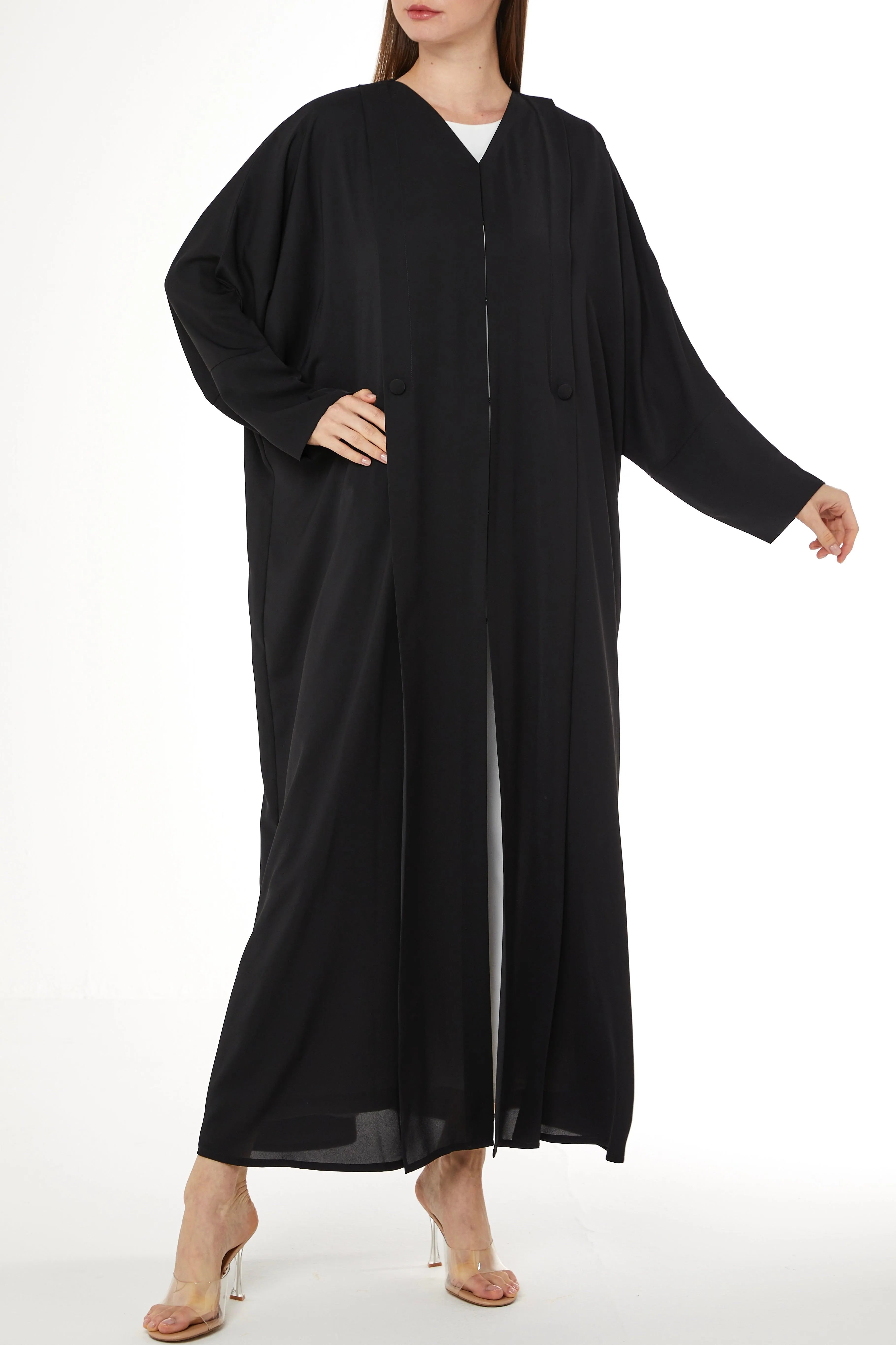 Black Coco Crepe Bahraini Abaya with Front Pleat - Posh Abaya