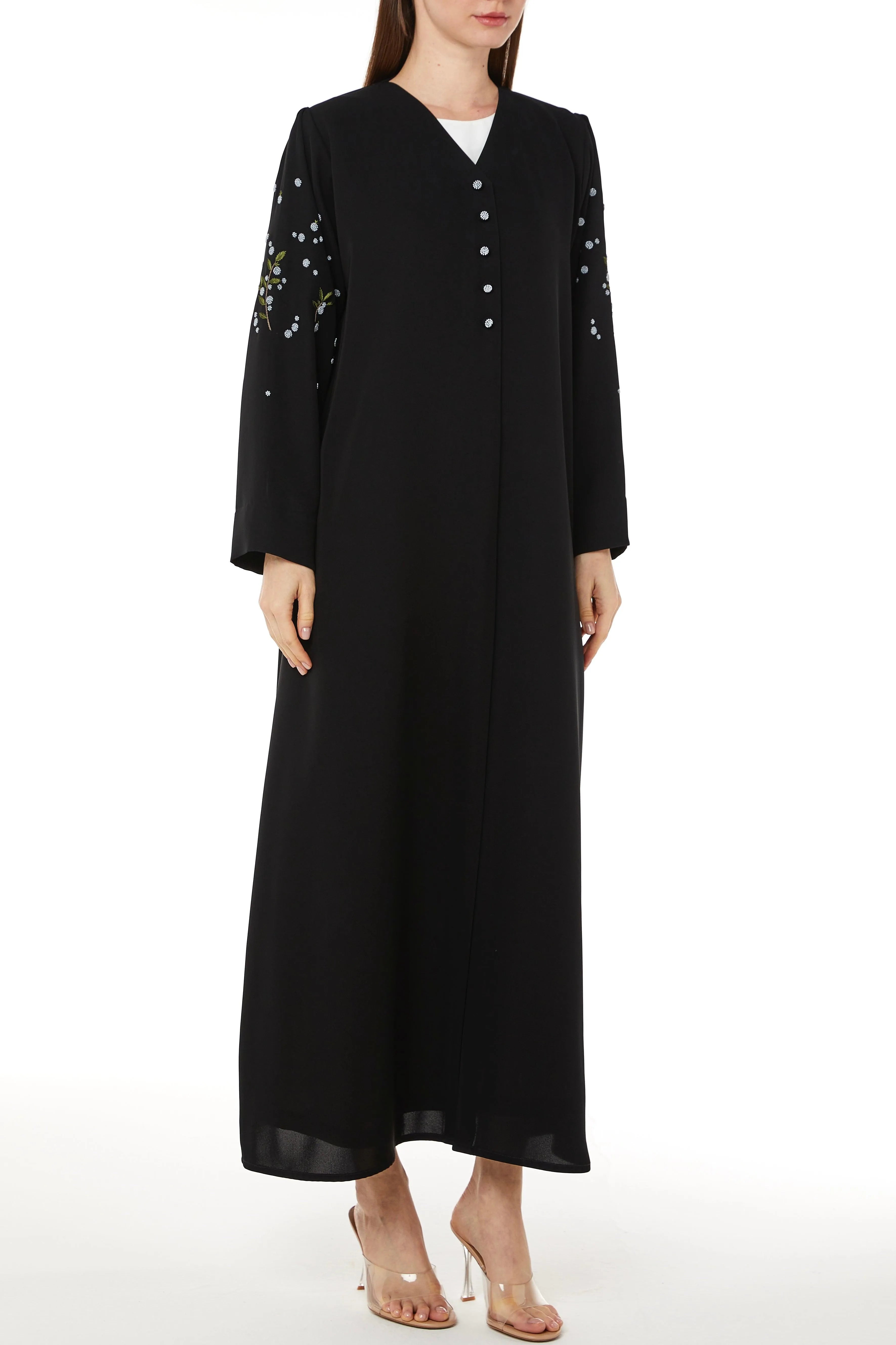 Black Farasha Crepe Abaya with Floral Scattered Beadwork - Posh Abaya