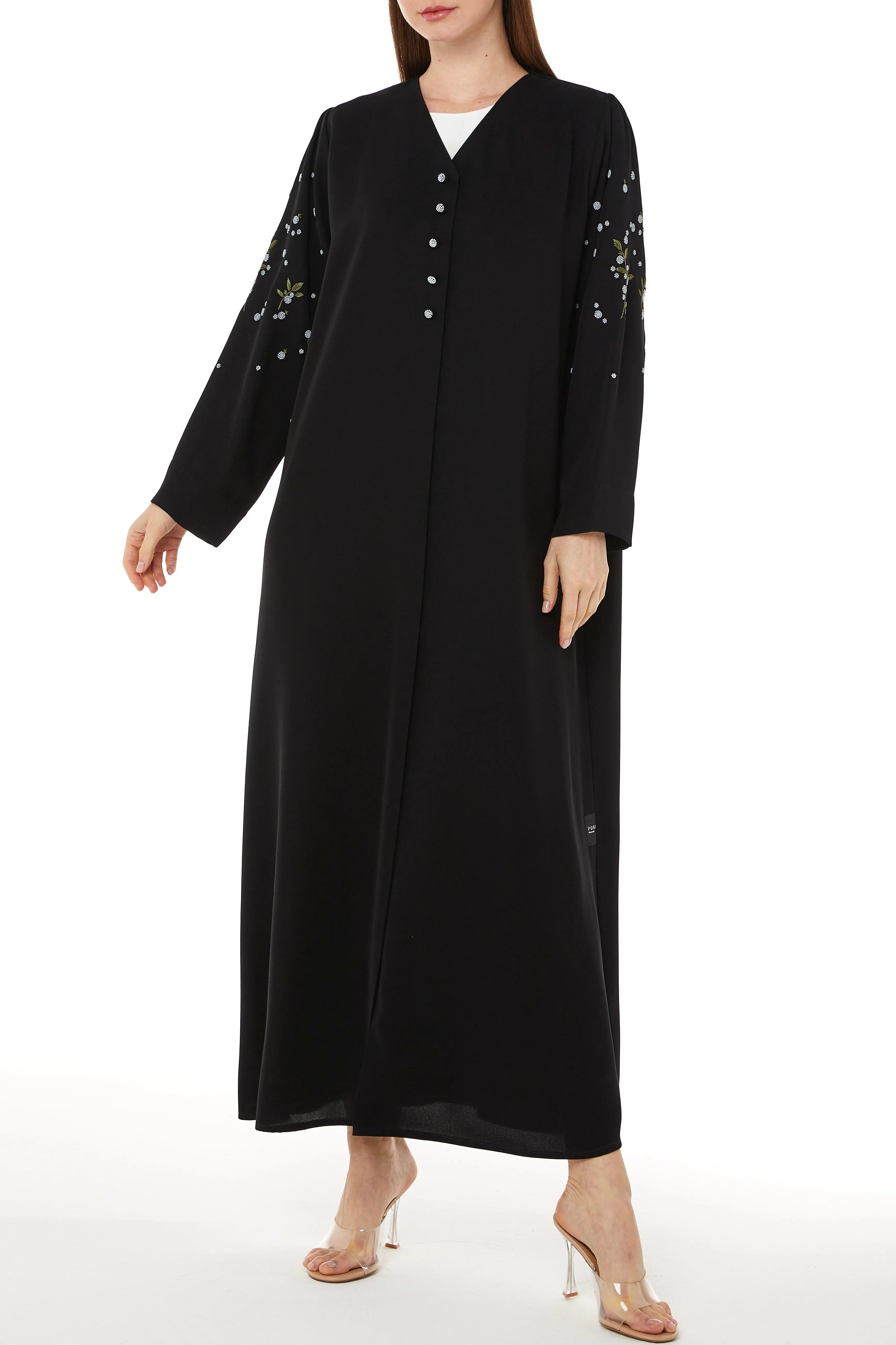 Black Farasha Crepe Abaya with Floral Scattered Beadwork - Posh Abaya