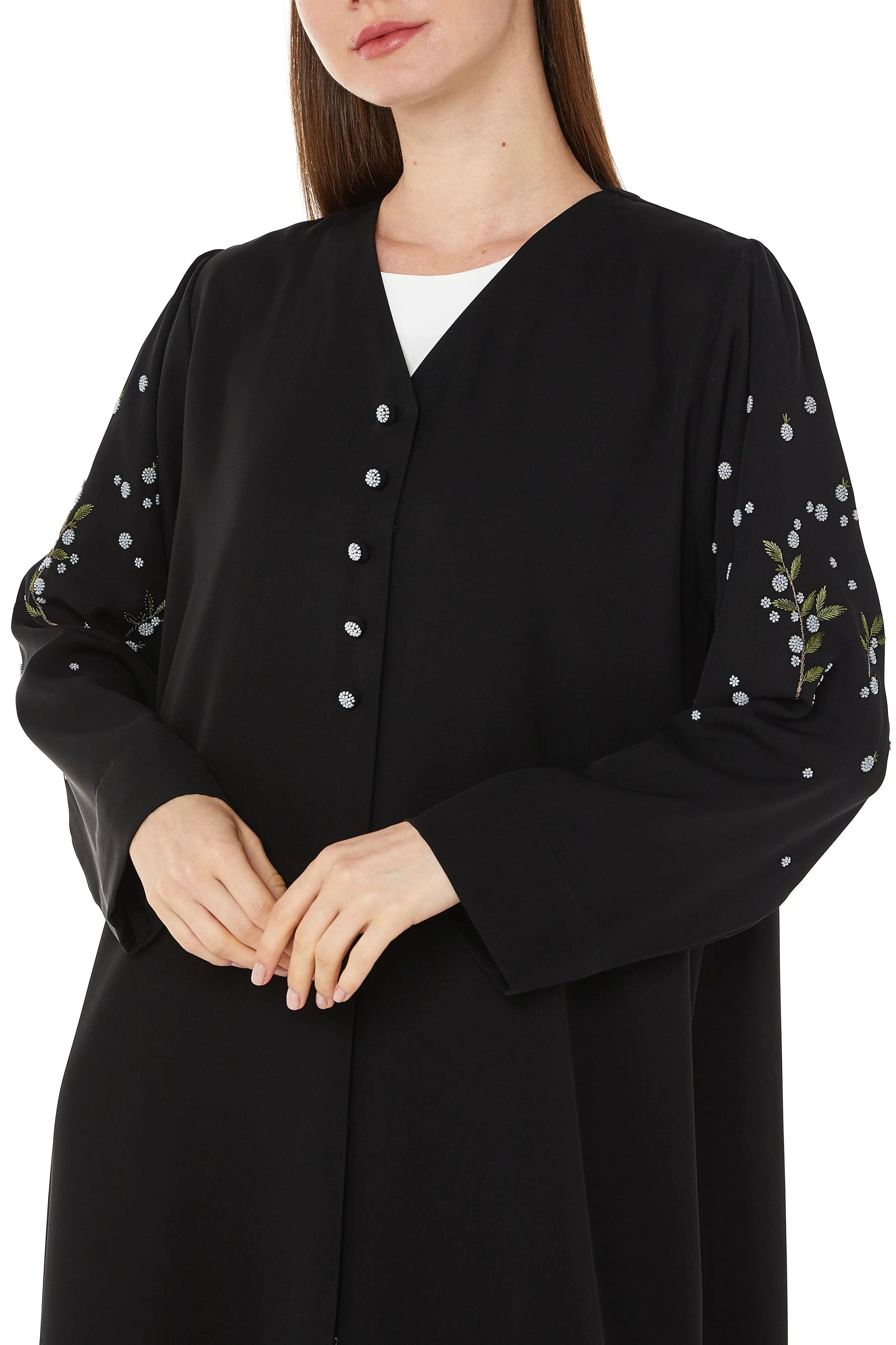 Black Farasha Crepe Abaya with Floral Scattered Beadwork - Posh Abaya