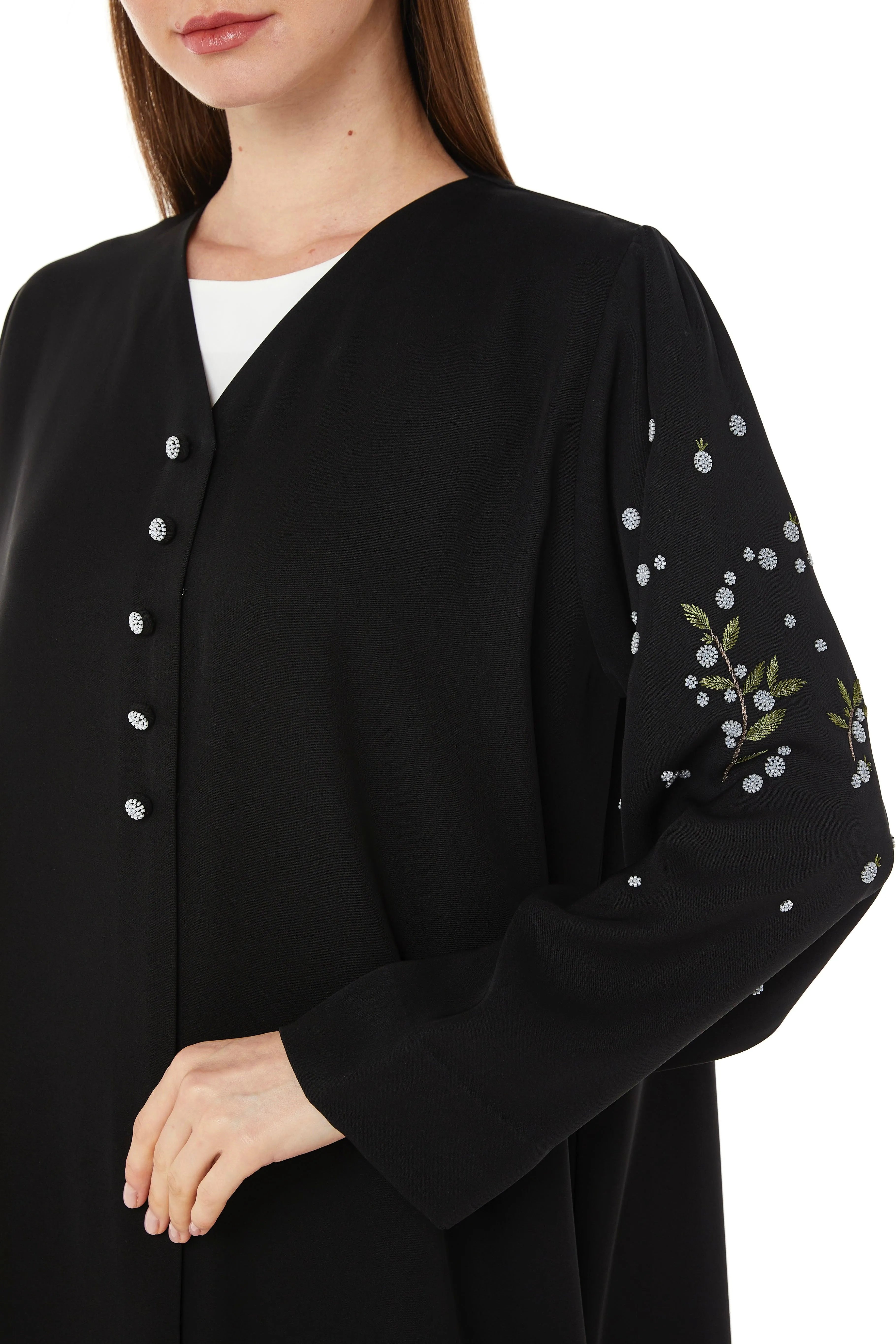 Black Farasha Crepe Abaya with Floral Scattered Beadwork - Posh Abaya