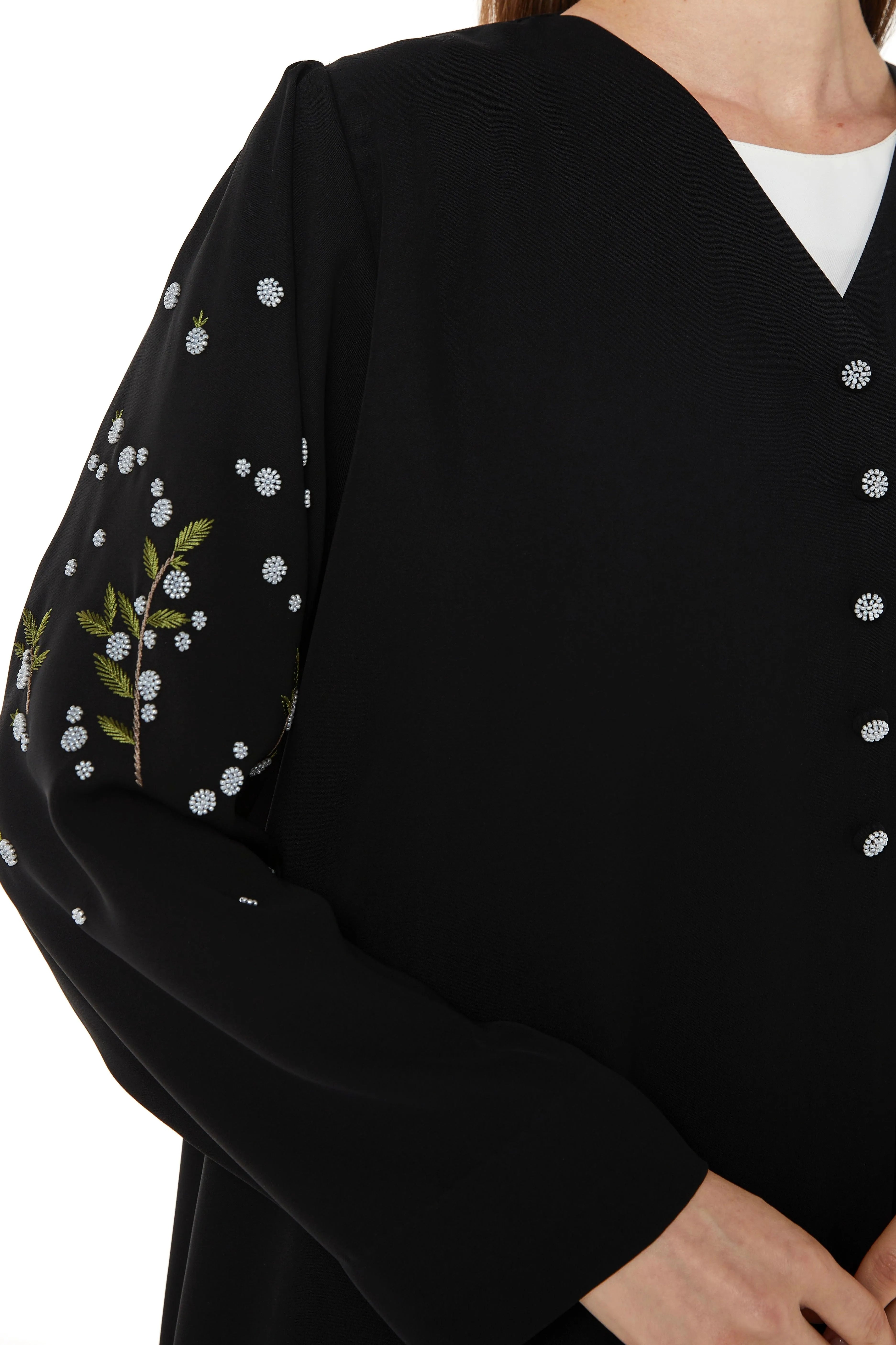 Black Farasha Crepe Abaya with Floral Scattered Beadwork - Posh Abaya