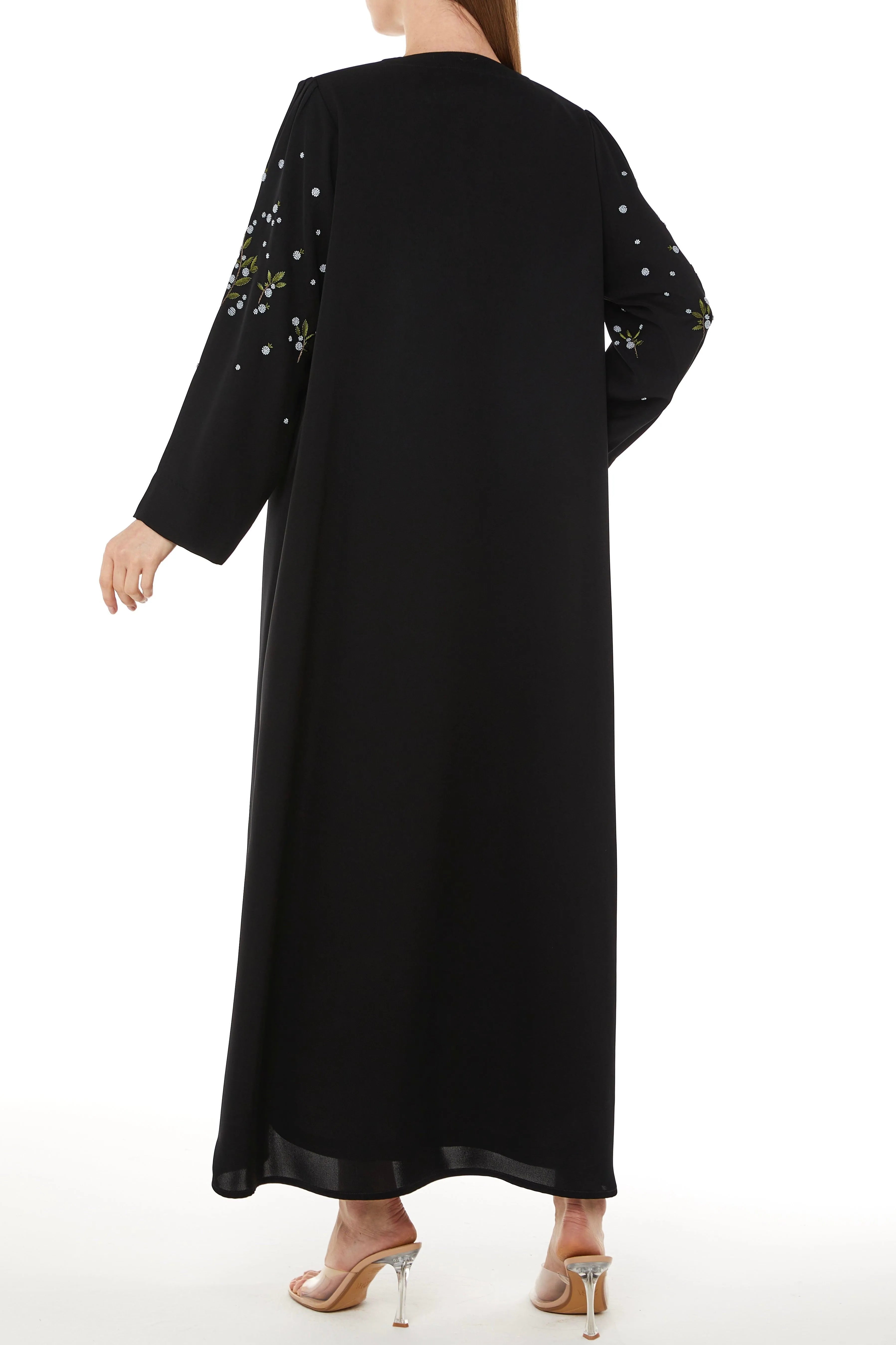 Black Farasha Crepe Abaya with Floral Scattered Beadwork - Posh Abaya