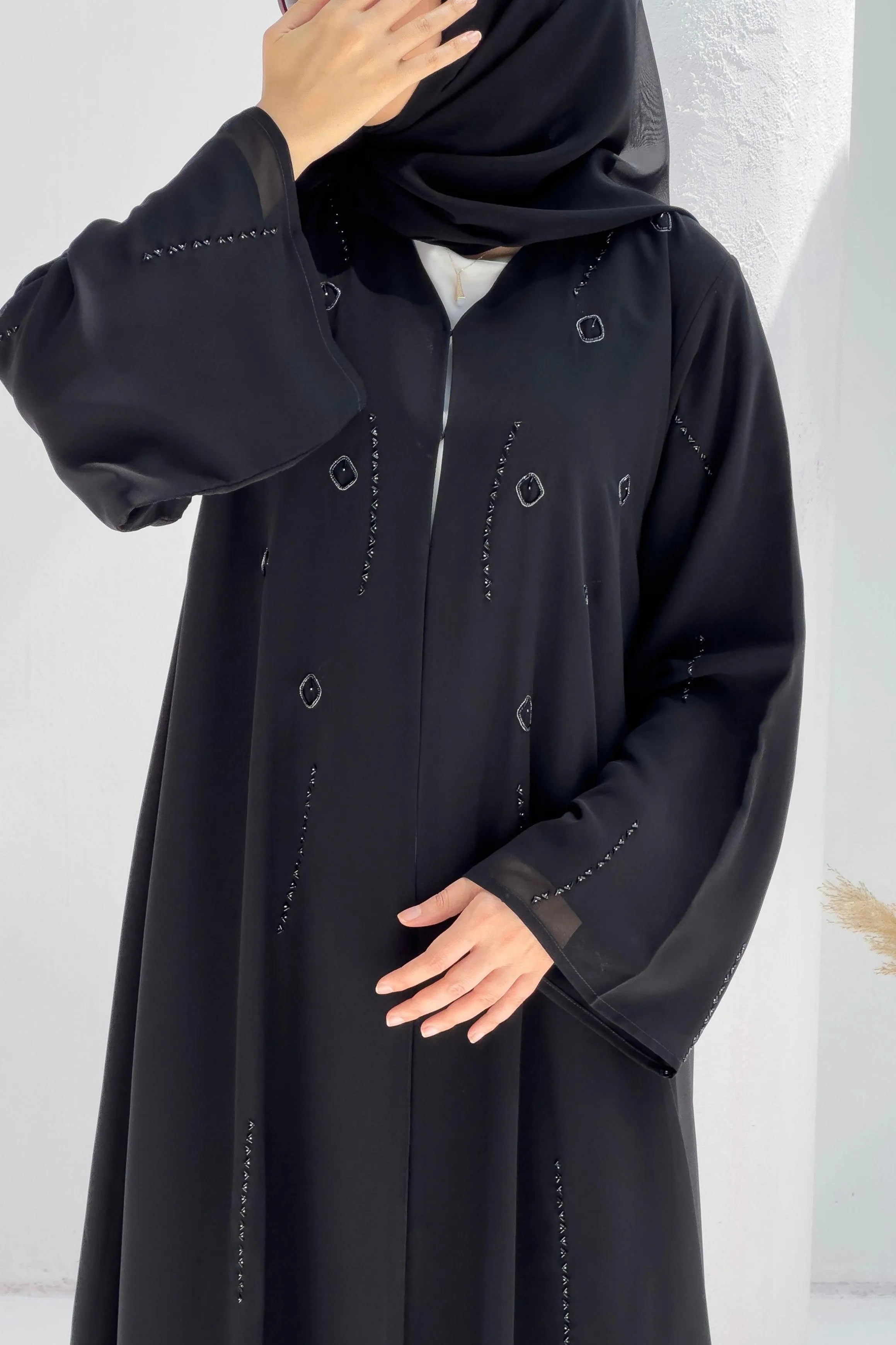 Black Chiffon Custom Abaya with Front Silver Beadwork - Posh Abaya