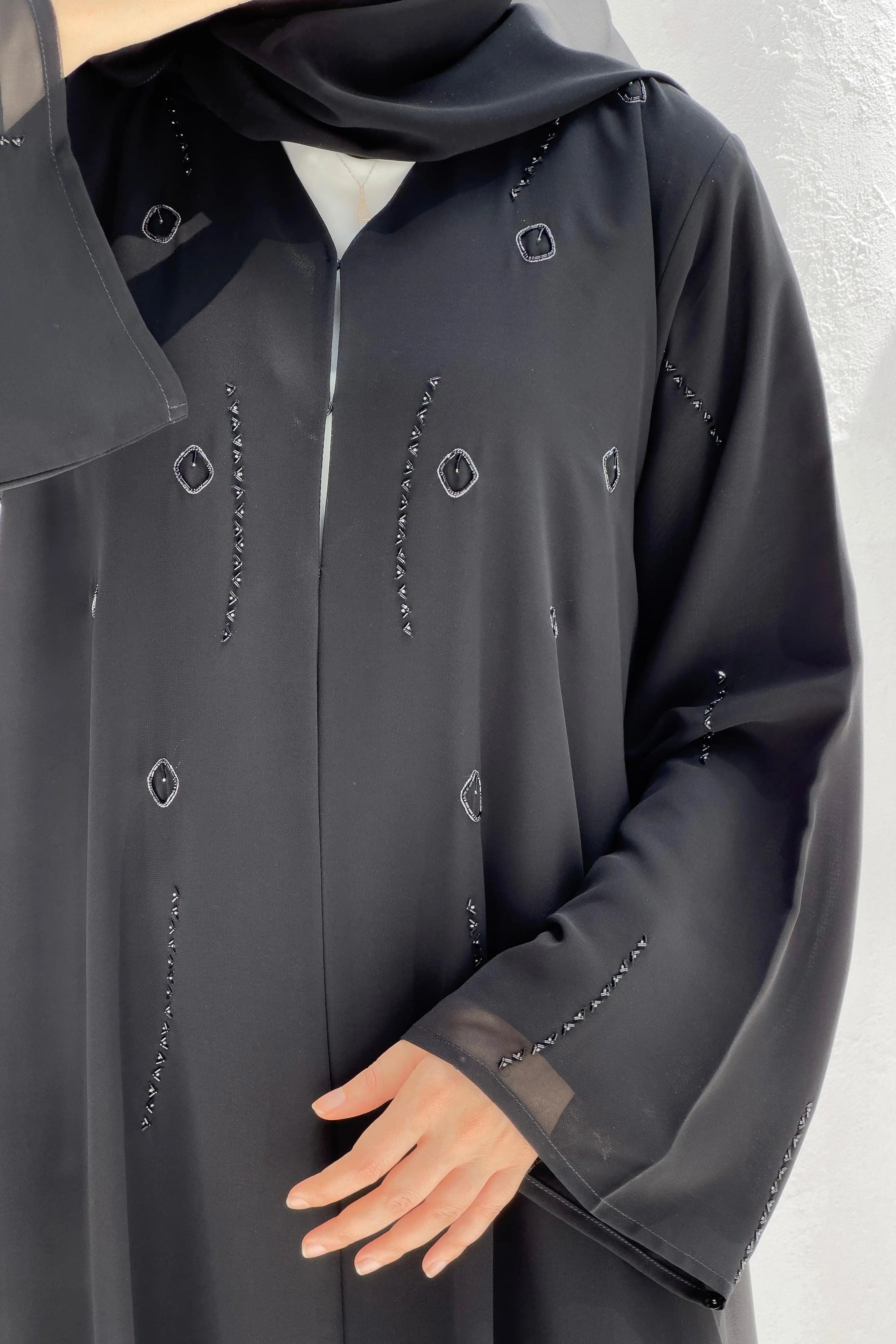 Black Chiffon Custom Abaya with Front Silver Beadwork - Posh Abaya