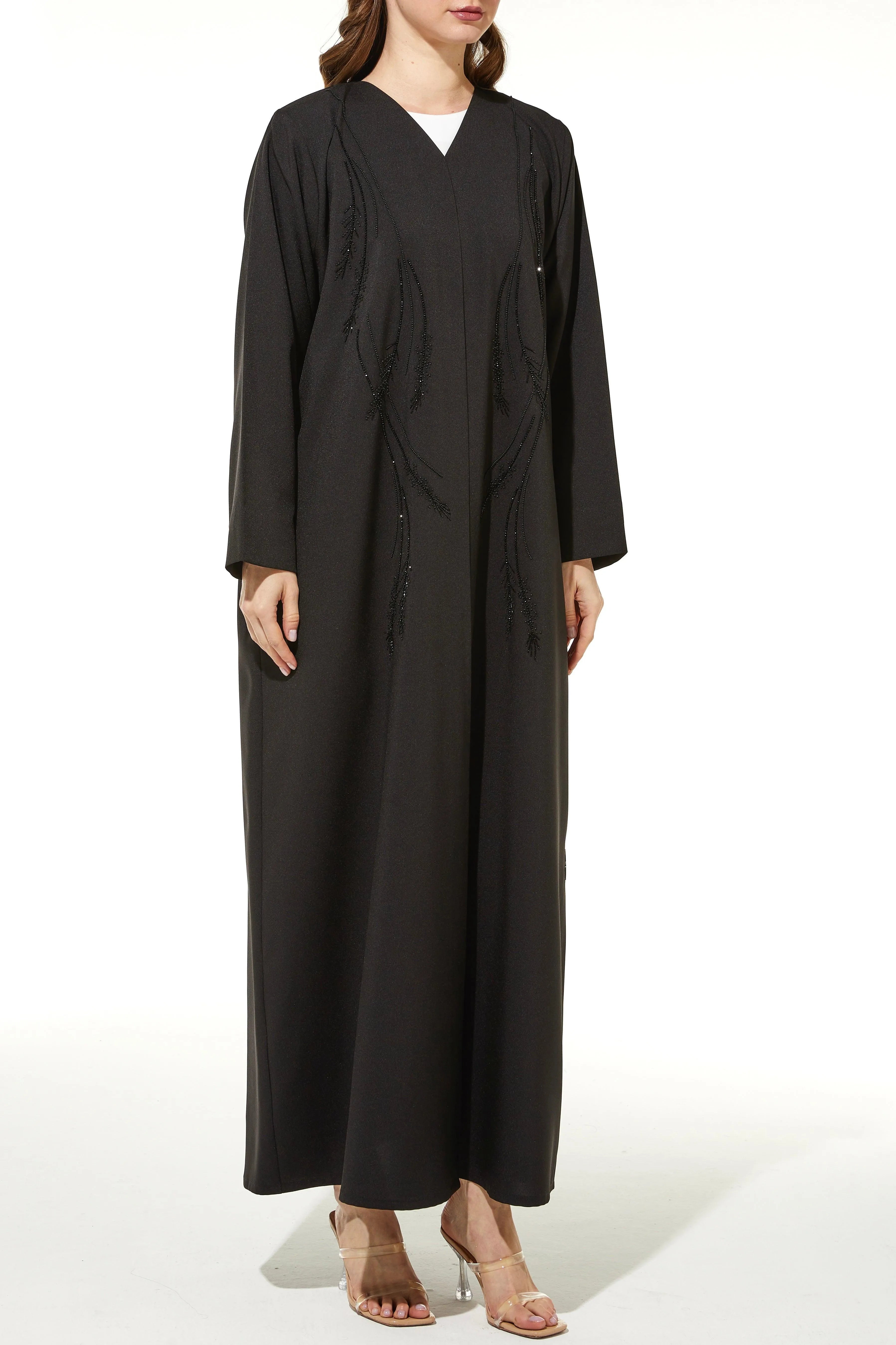 Black Classic Crepe Custom Abaya with Semi-Floral Beadwork - Posh Abaya