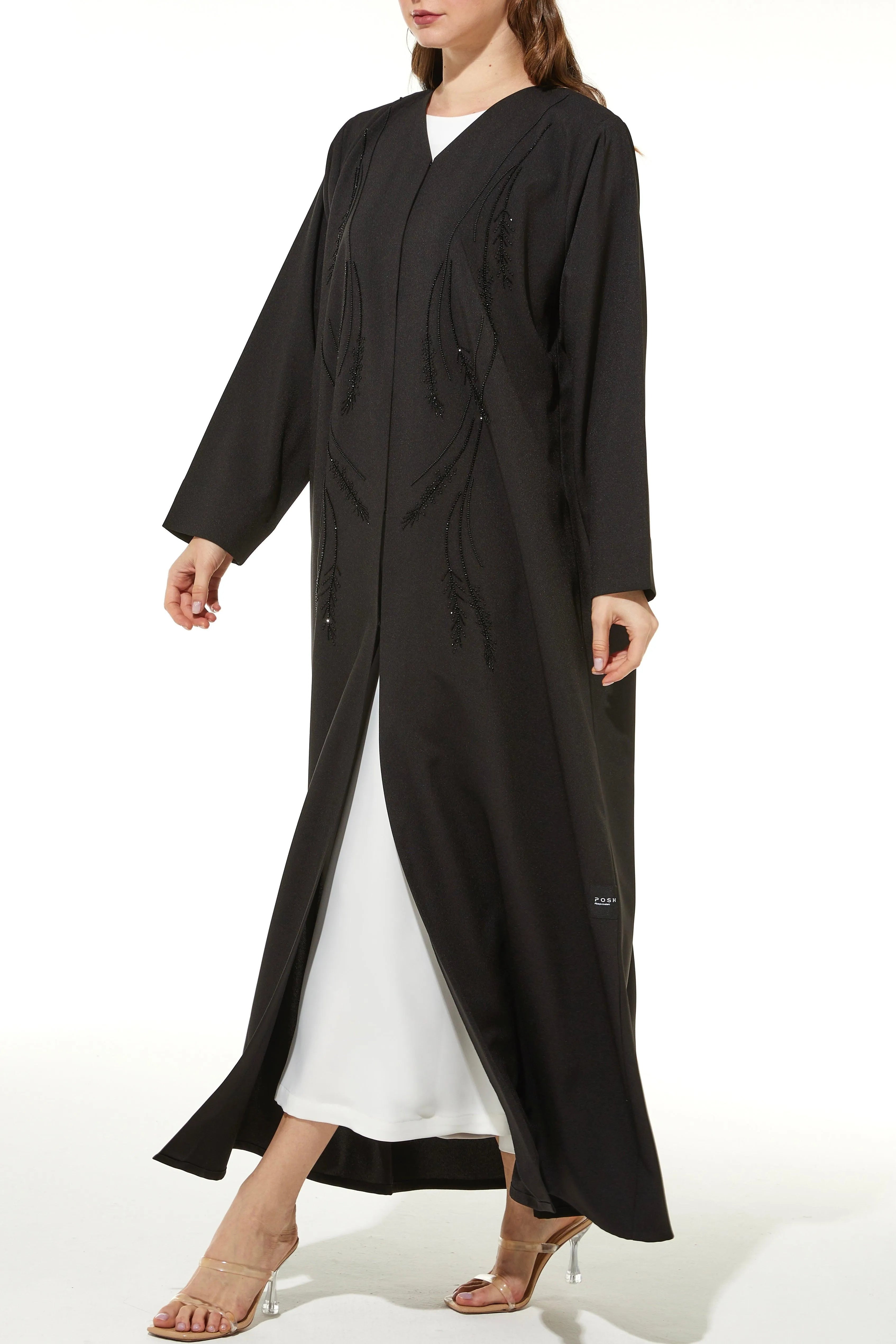 Black Classic Crepe Custom Abaya with Semi-Floral Beadwork - Posh Abaya