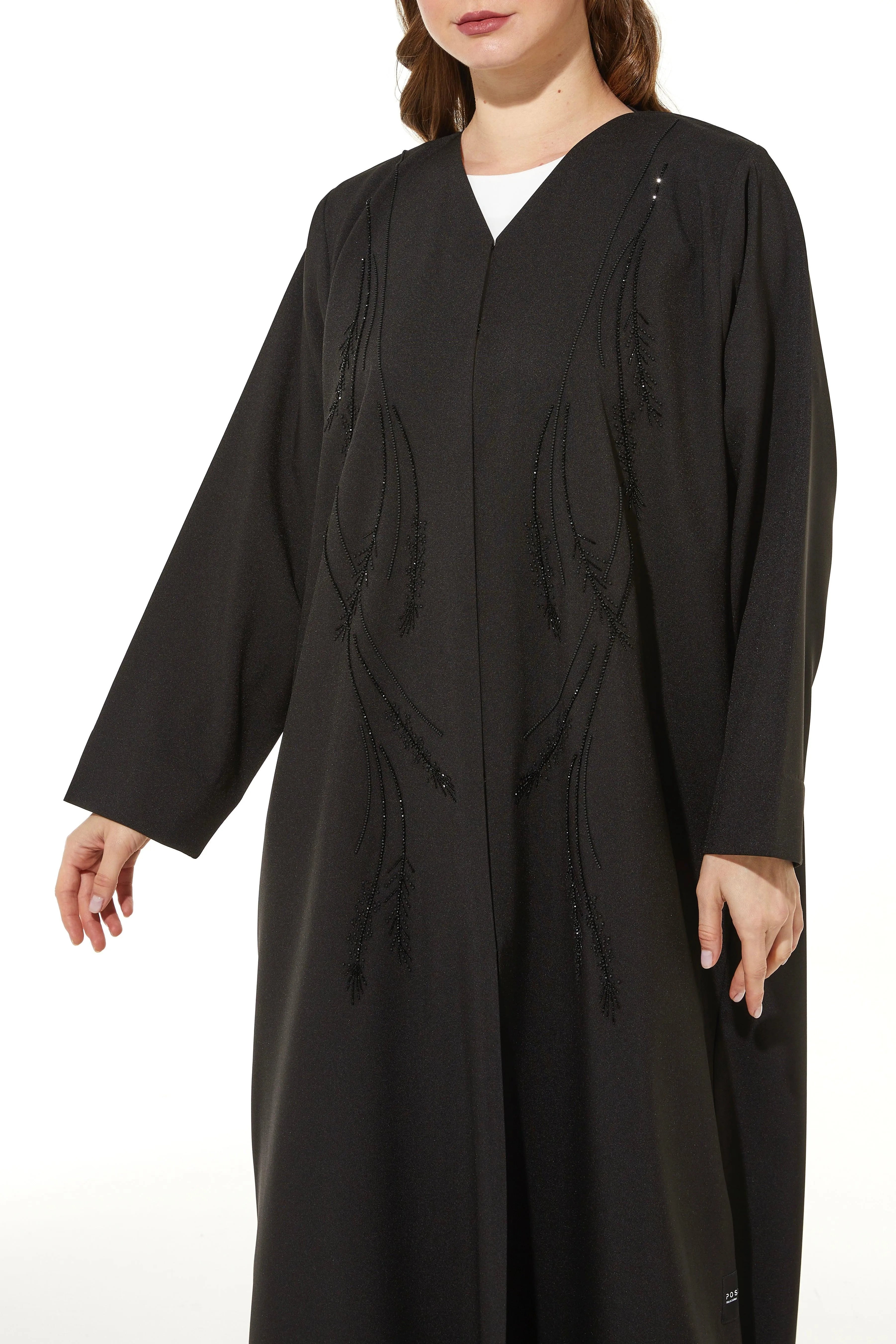 Black Classic Crepe Custom Abaya with Semi-Floral Beadwork - Posh Abaya