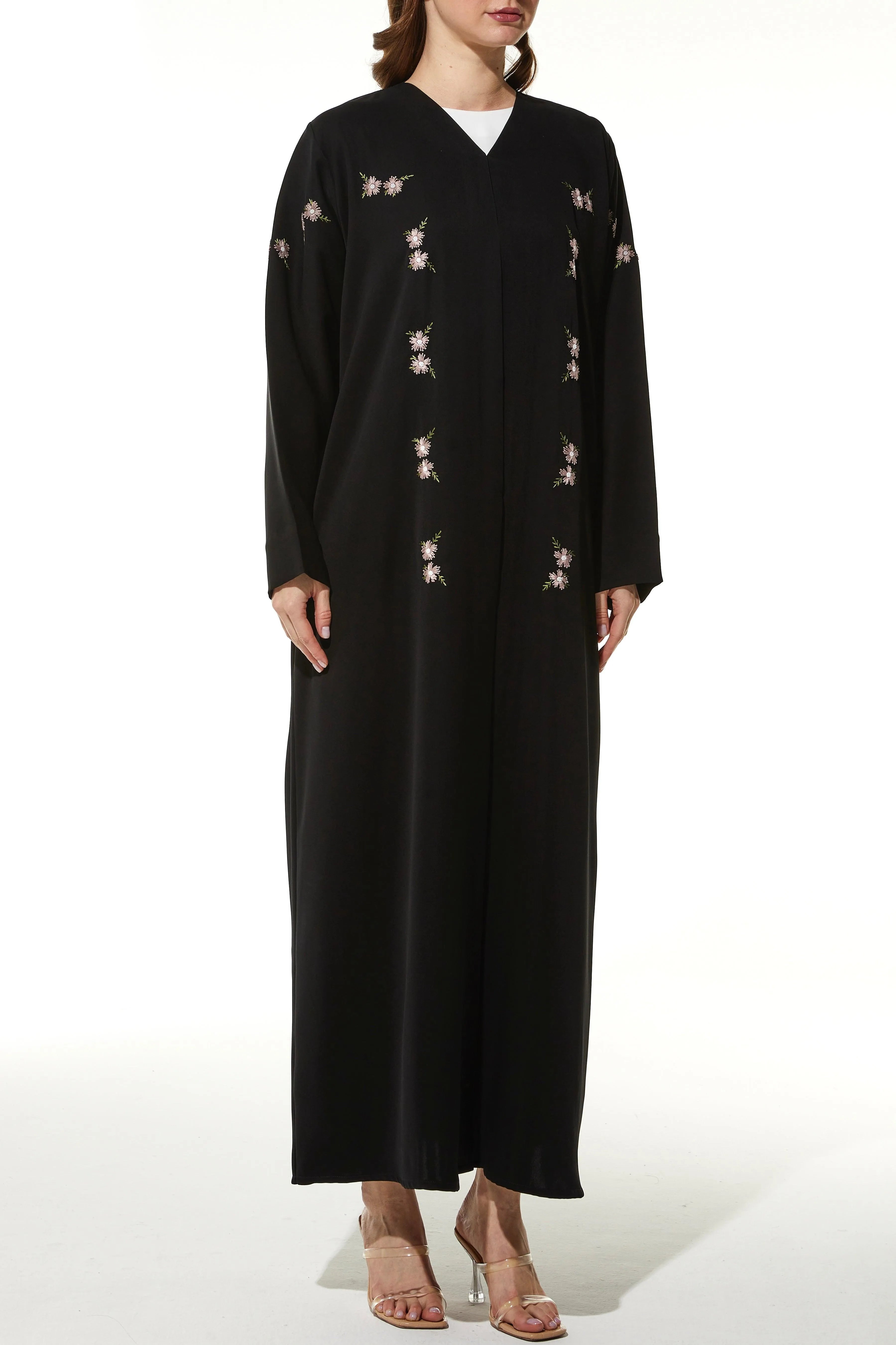 Black Galaxy Crepe Abaya with Front Floral Threadwork - Posh Abaya