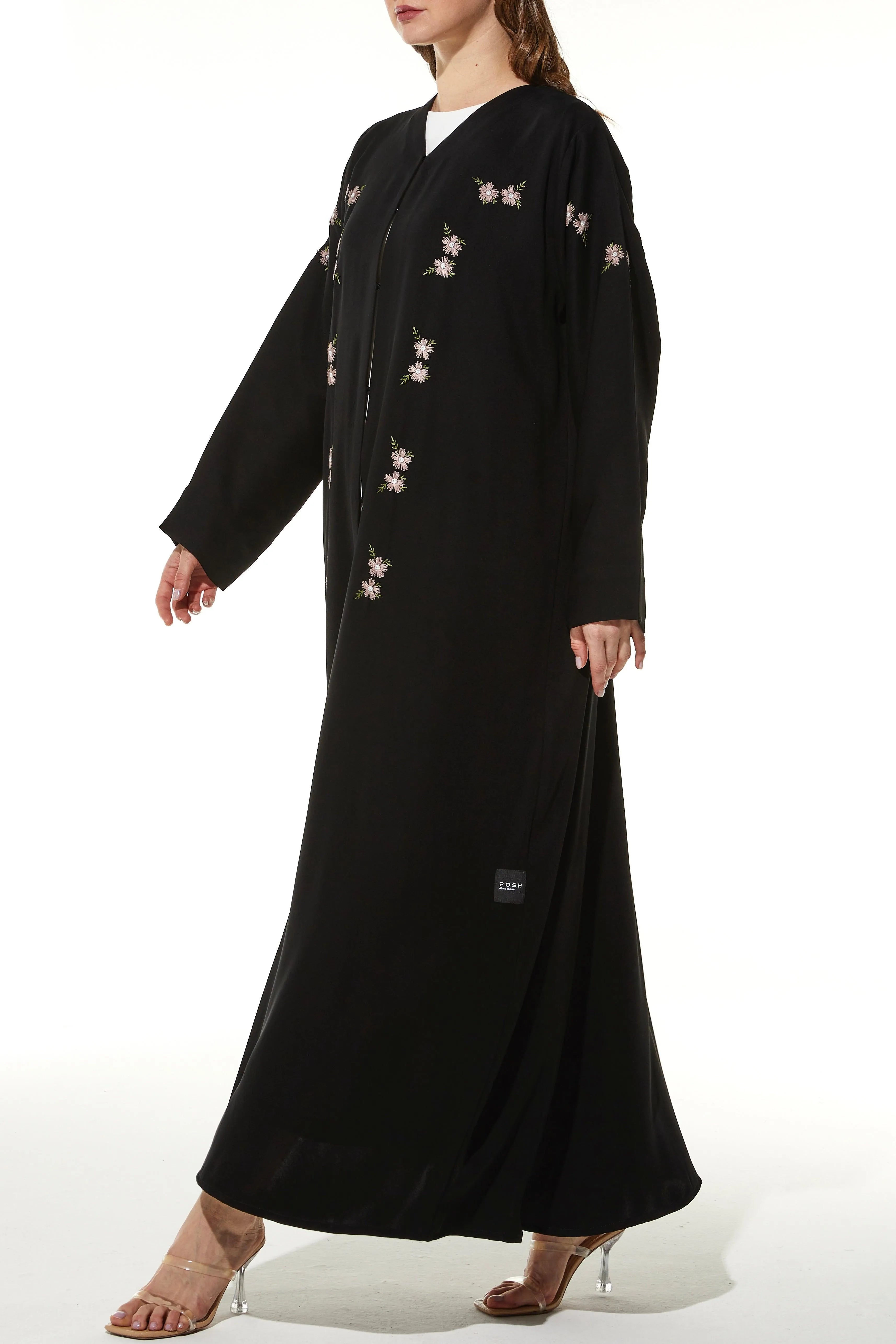 Black Galaxy Crepe Abaya with Front Floral Threadwork - Posh Abaya
