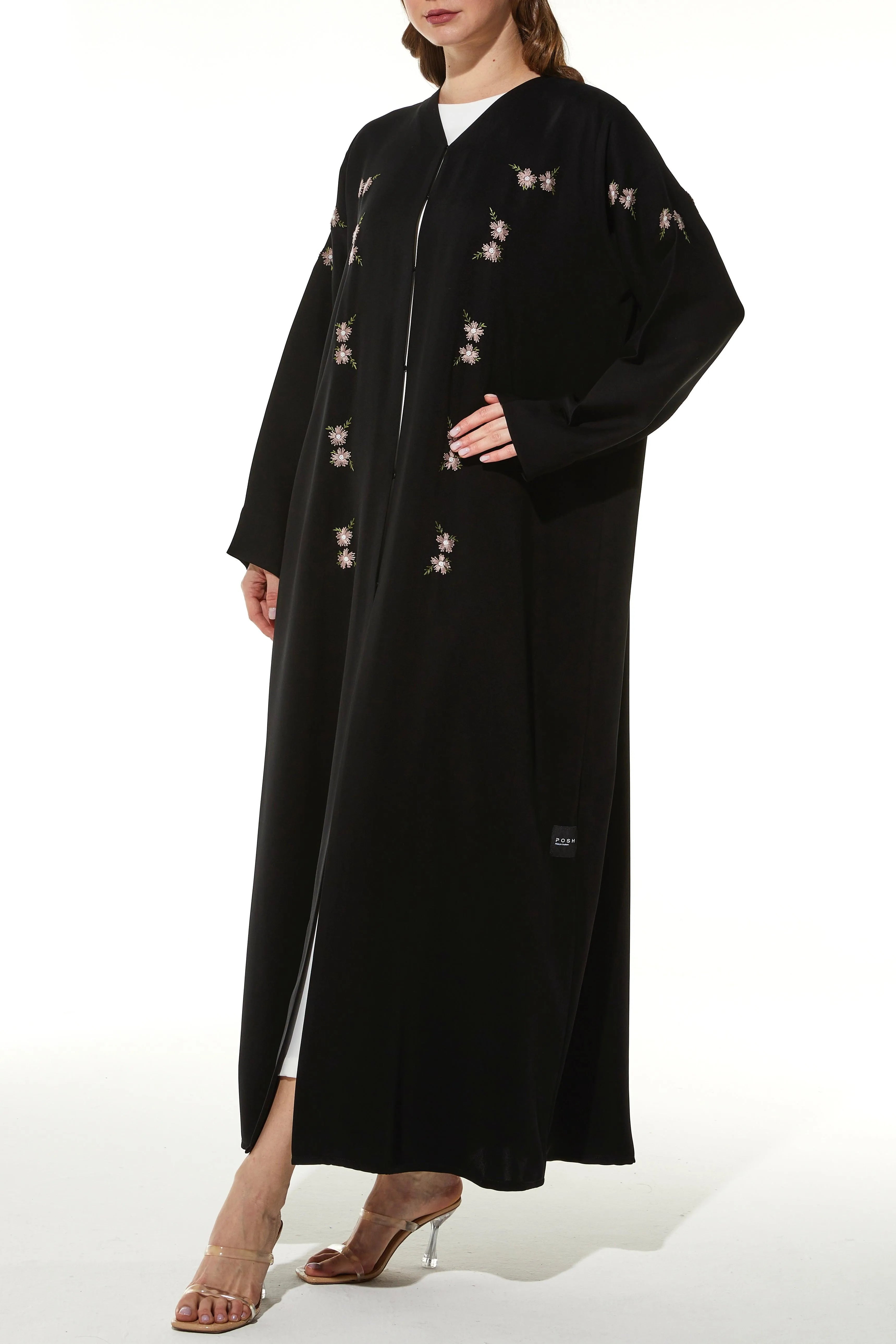 Black Galaxy Crepe Abaya with Front Floral Threadwork - Posh Abaya