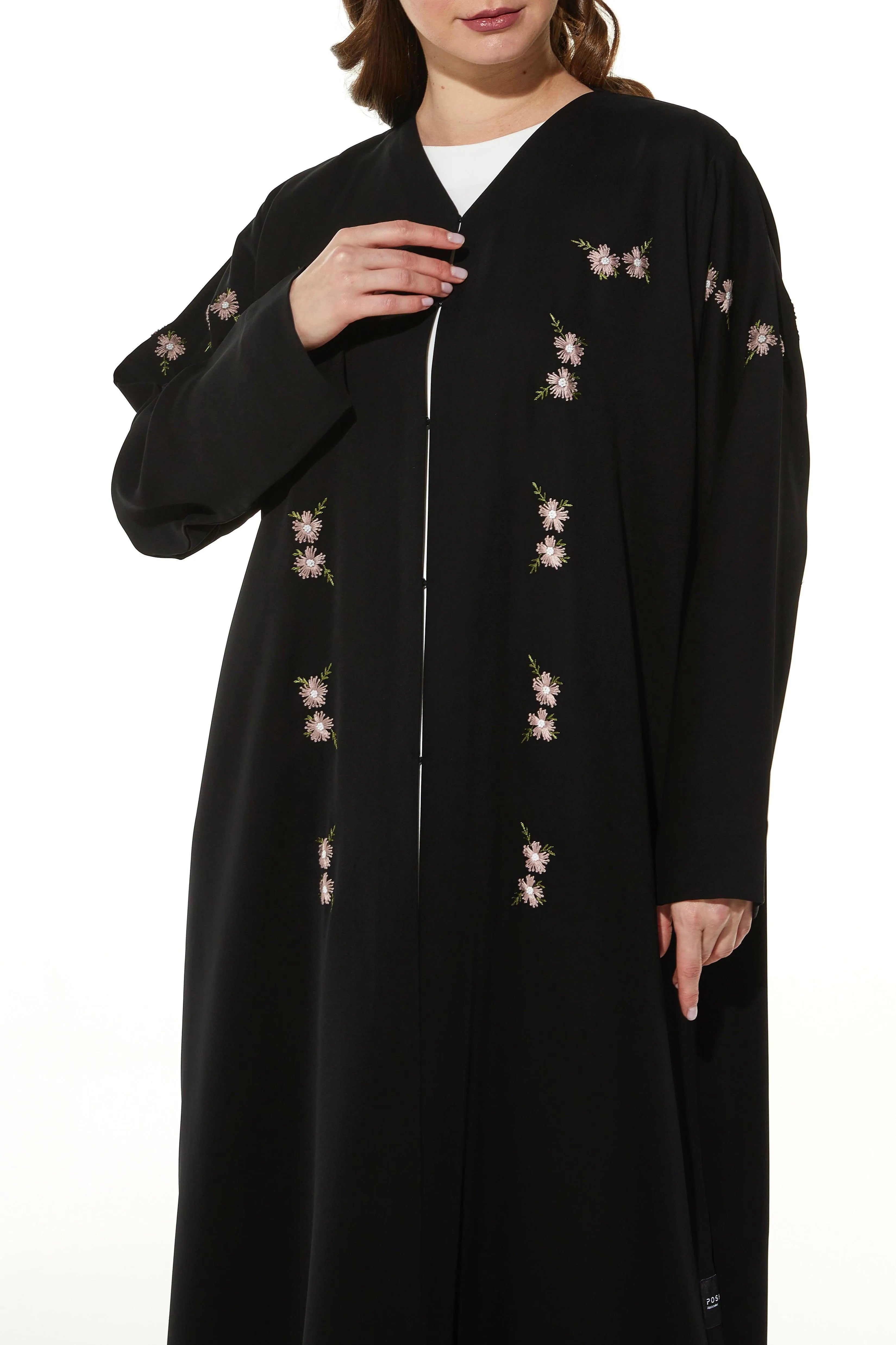 Black Galaxy Crepe Abaya with Front Floral Threadwork - Posh Abaya