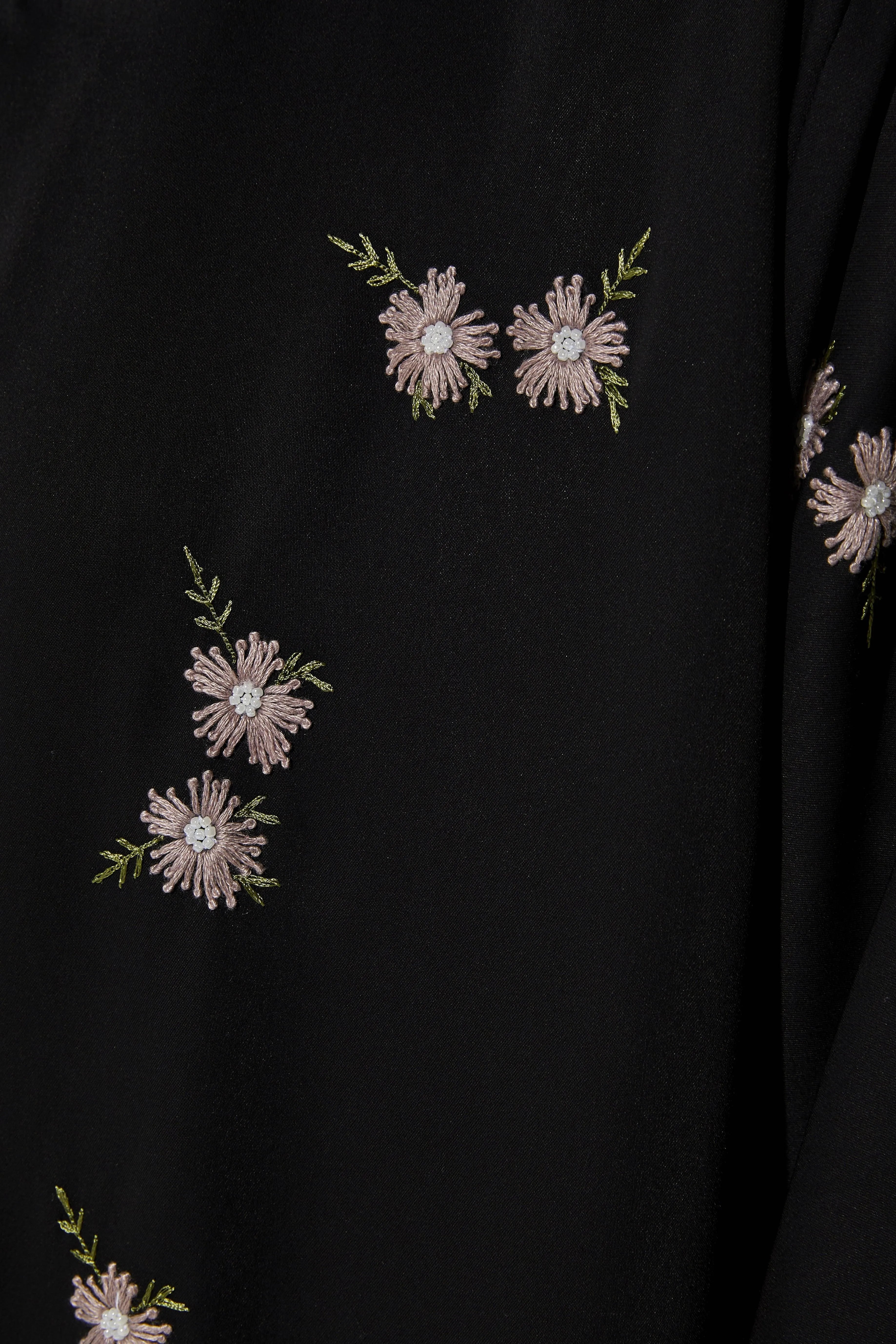 Black Galaxy Crepe Abaya with Front Floral Threadwork - Posh Abaya