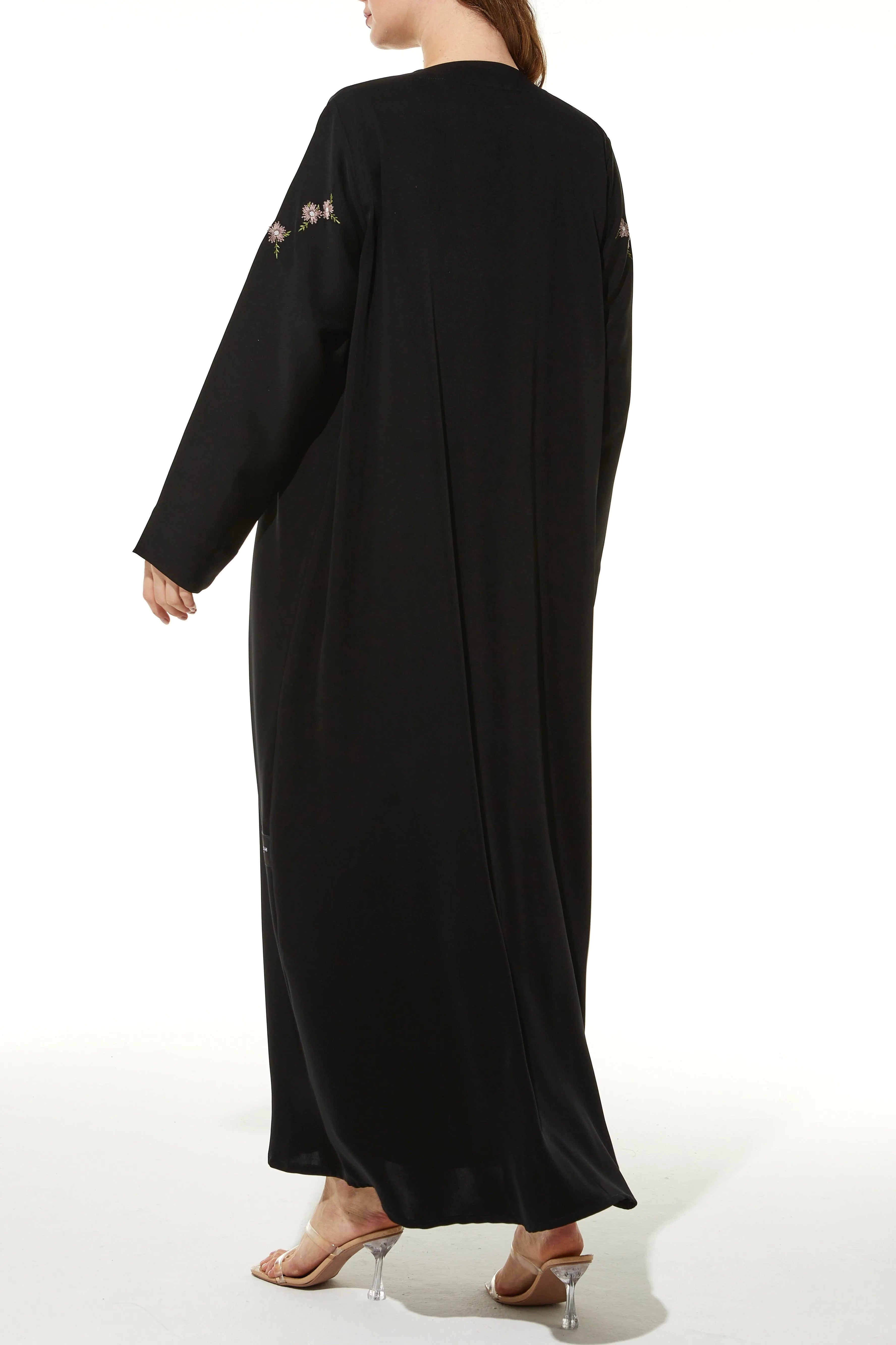 Black Galaxy Crepe Abaya with Front Floral Threadwork - Posh Abaya