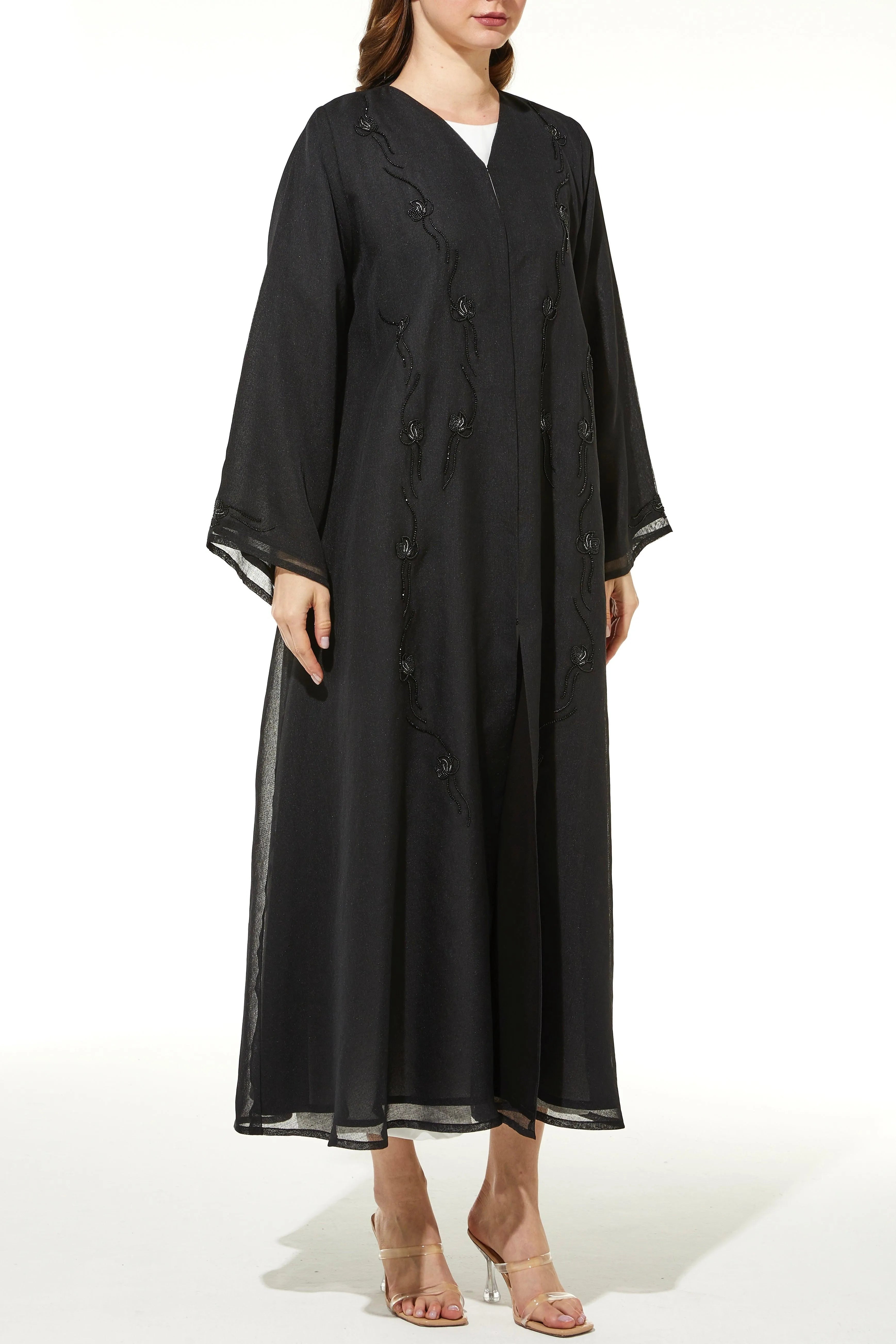 Black Organza Custom Abaya with Front Blossoms Beadwork - Posh Abaya