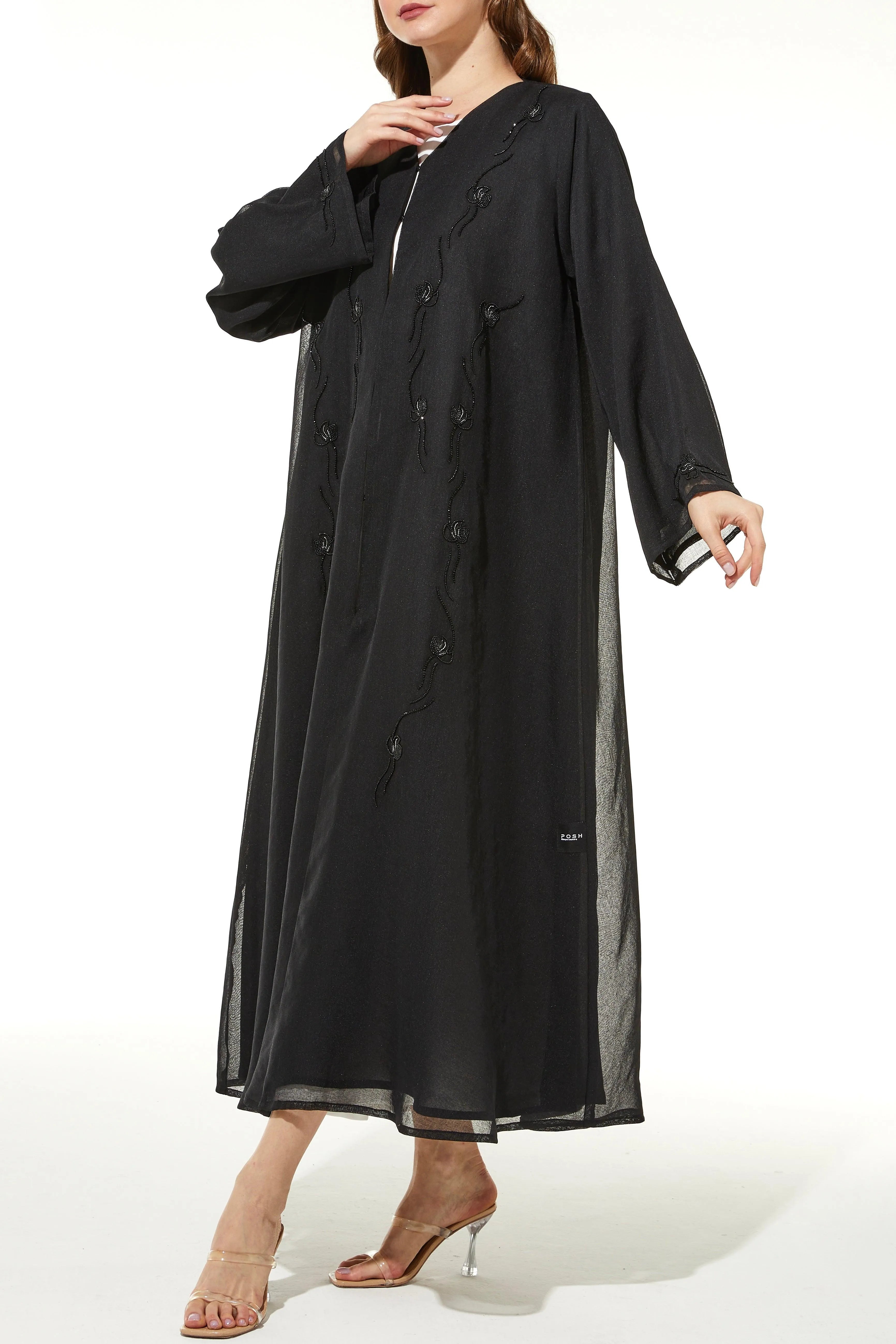 Black Classic Organza Abaya with Front Artful Beadwork - Posh Abaya