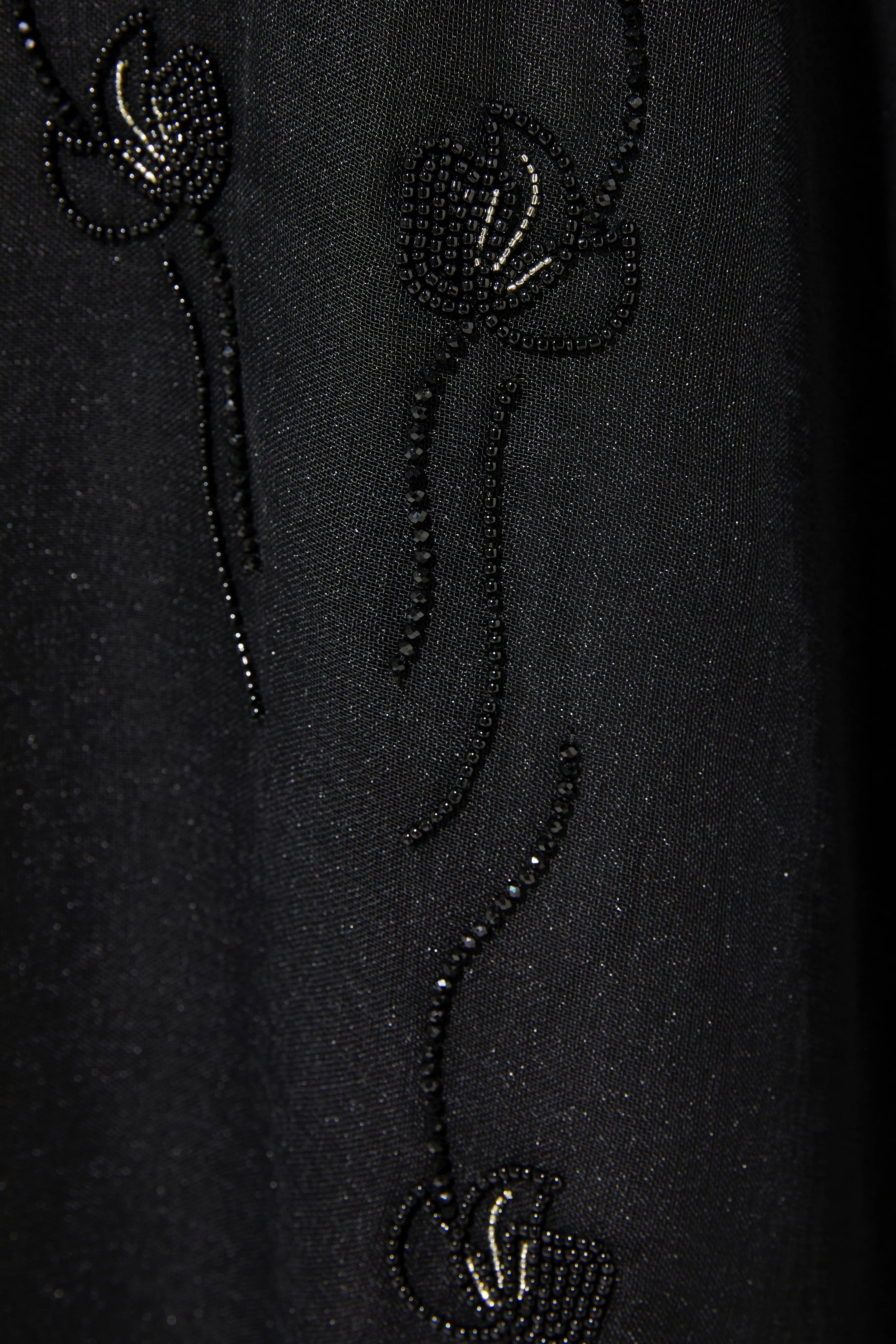 Black Organza Custom Abaya with Front Blossoms Beadwork - Posh Abaya