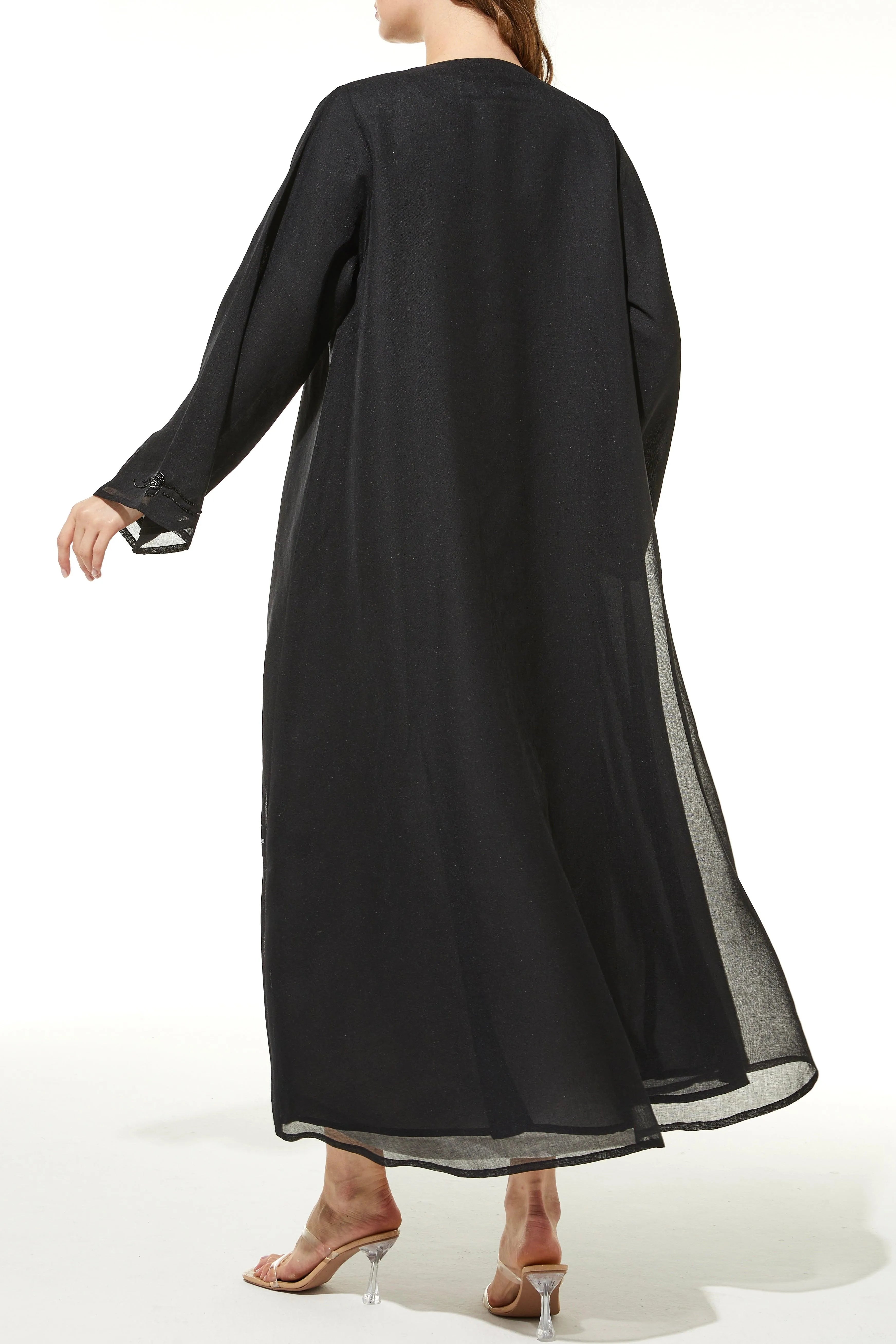Black Classic Organza Abaya with Front Artful Beadwork - Posh Abaya