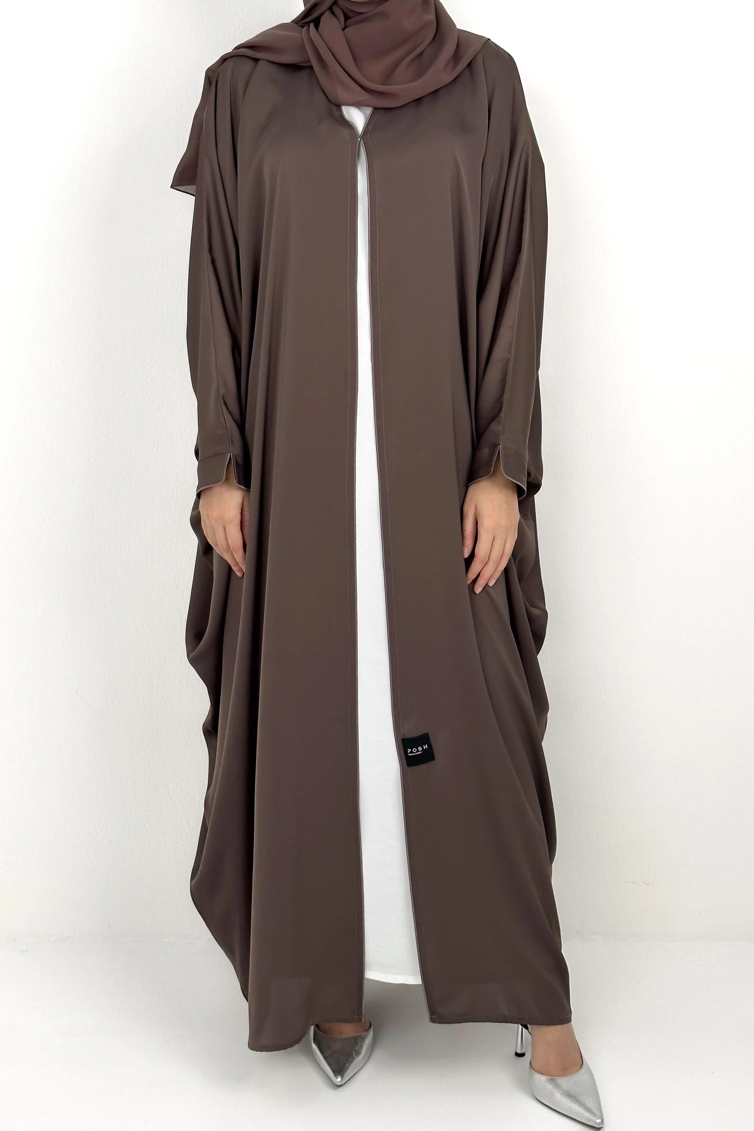 Brown Ivy Satin Abaya with Front Pico - Posh Abaya