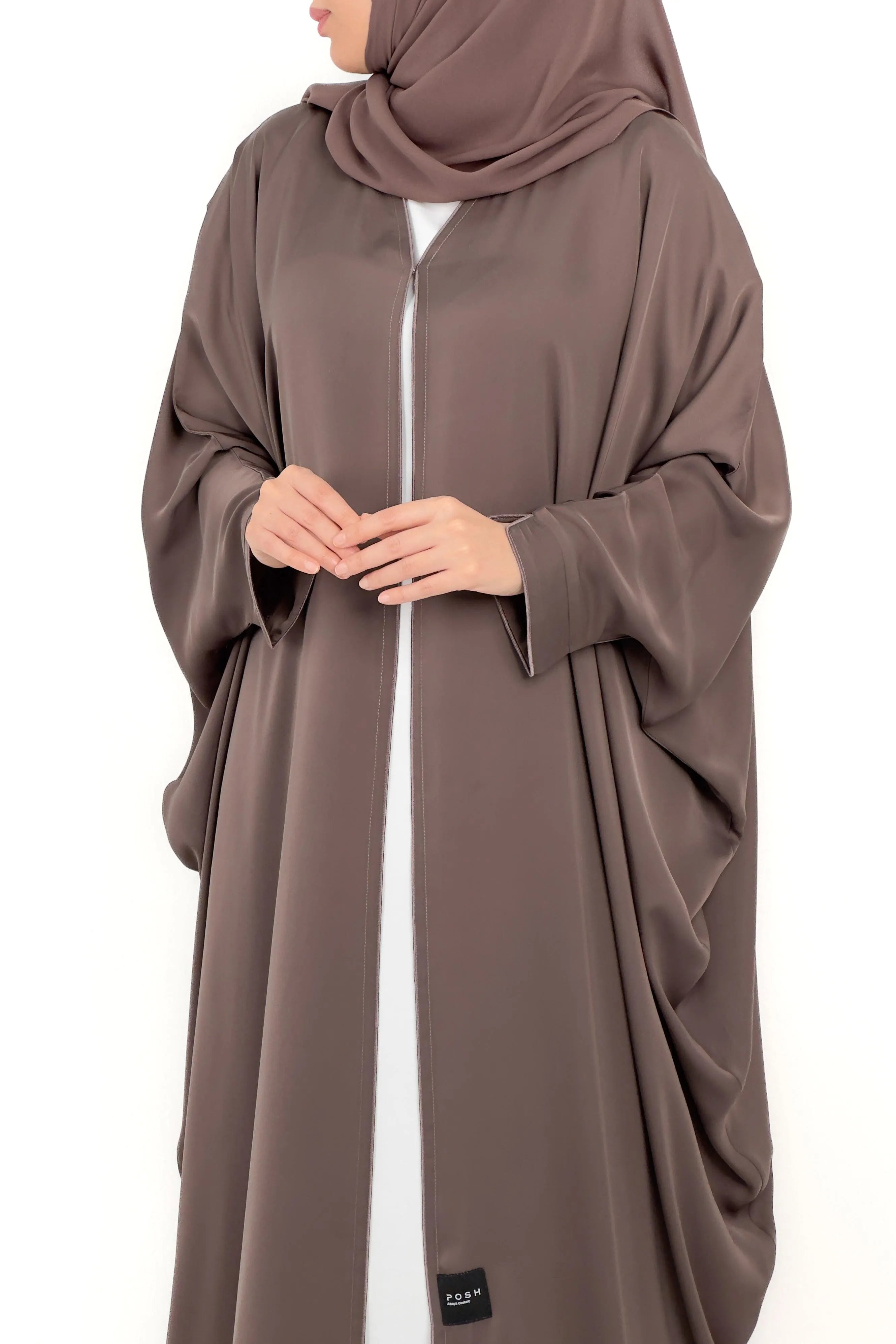 Brown Ivy Satin Abaya with Front Pico - Posh Abaya
