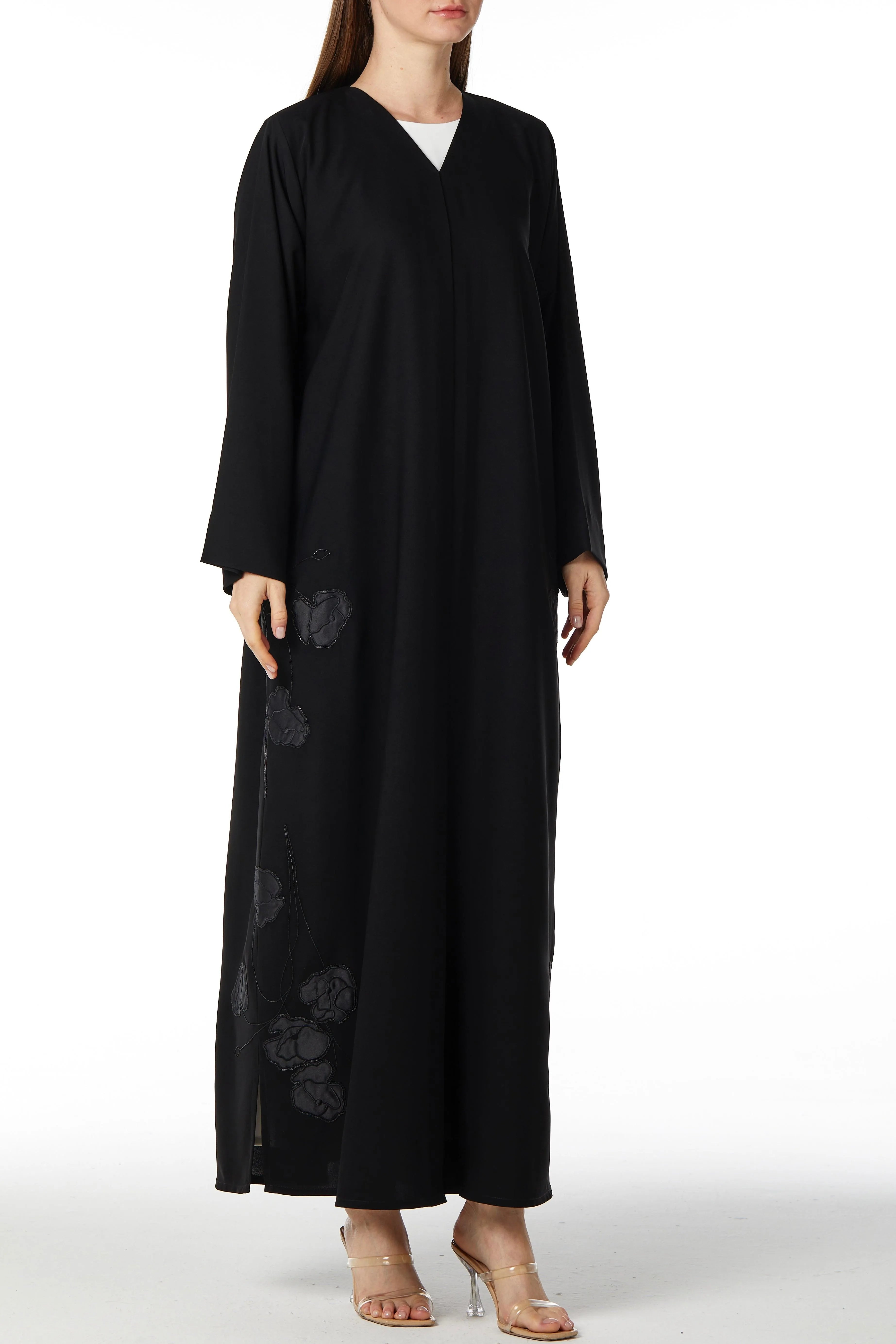 Black Aria Crepe Abaya with Side Satin Florals - Posh Abaya