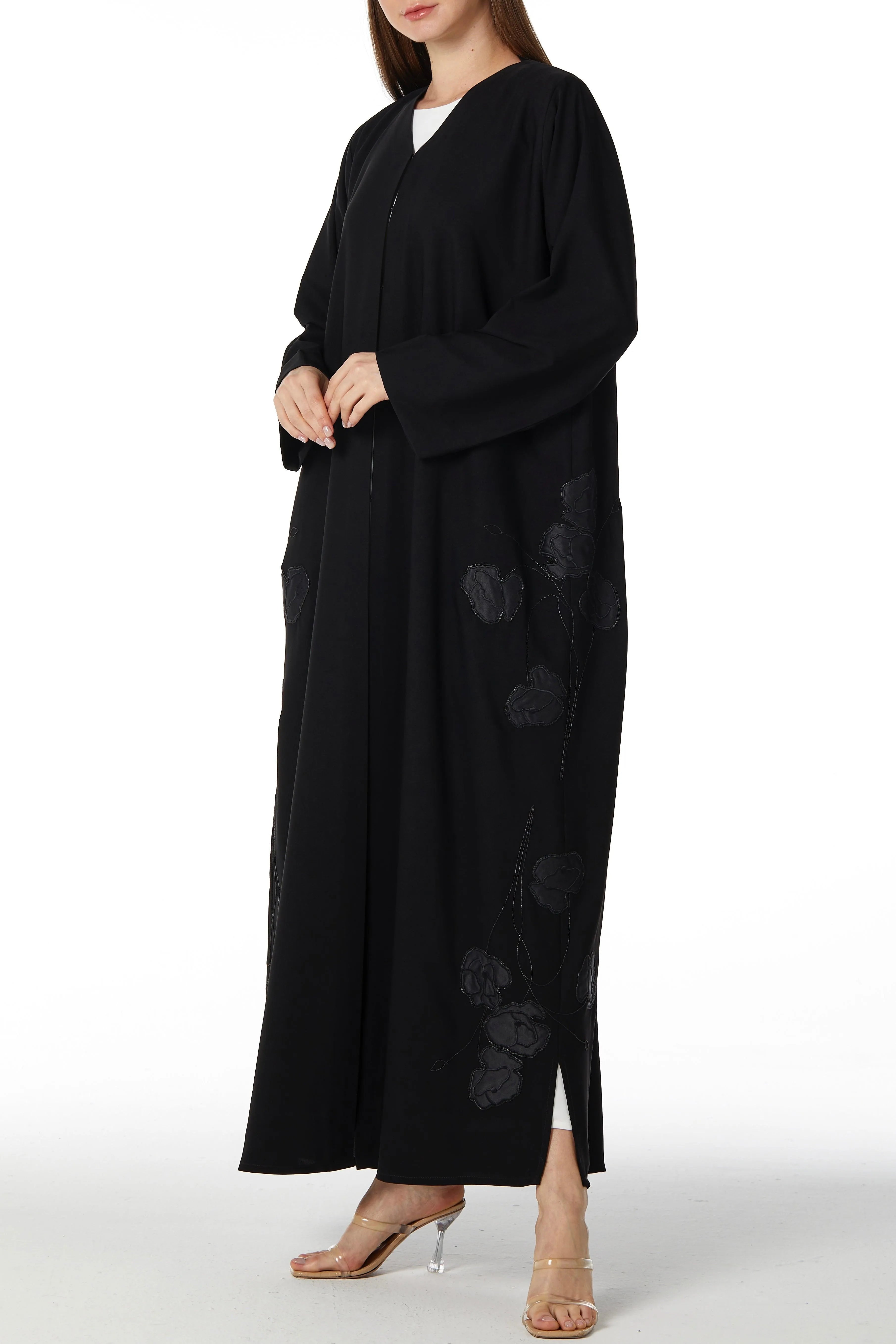 Black Aria Crepe Abaya with Side Satin Florals - Posh Abaya