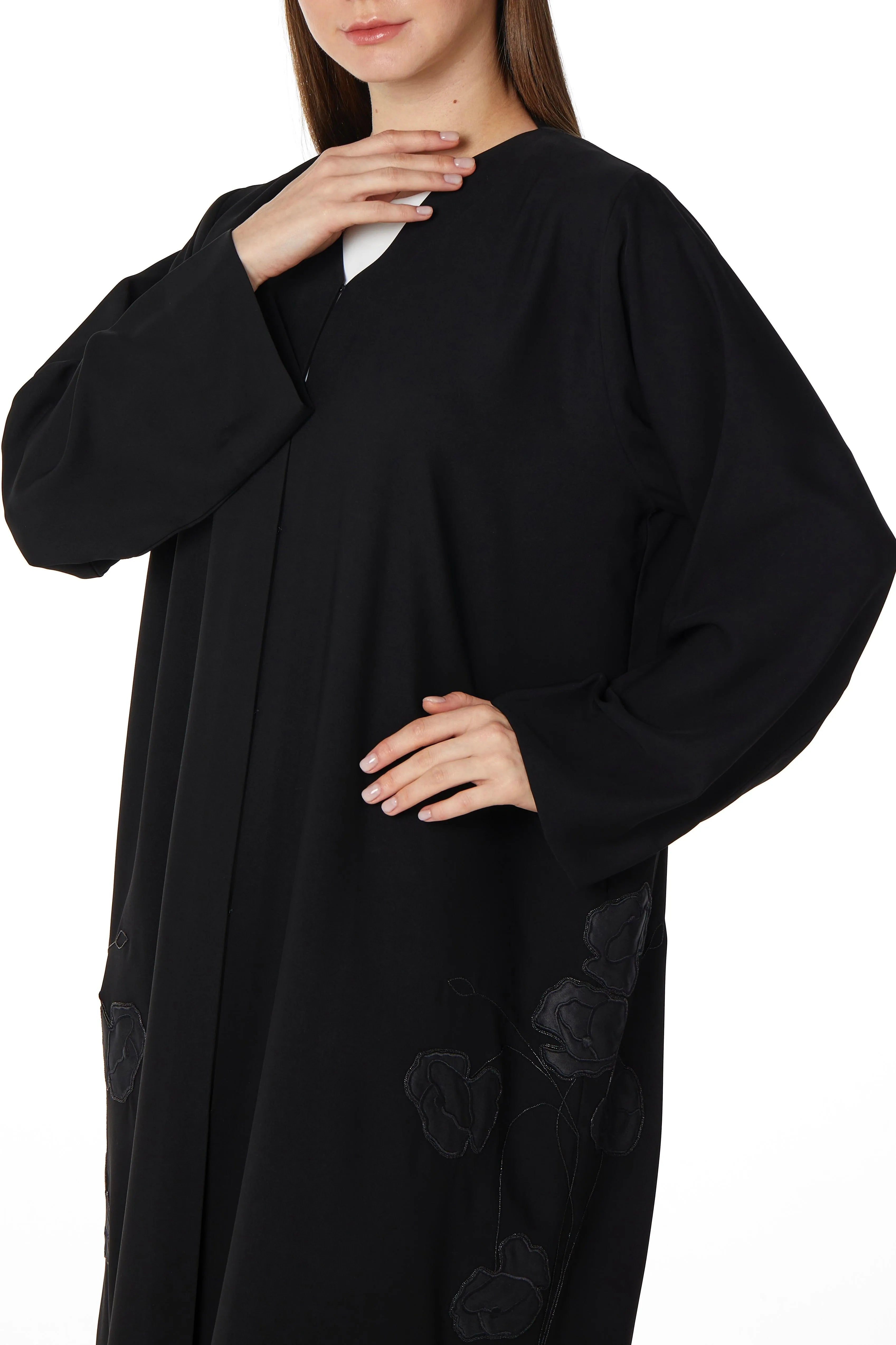 Black Aria Crepe Abaya with Side Satin Florals - Posh Abaya