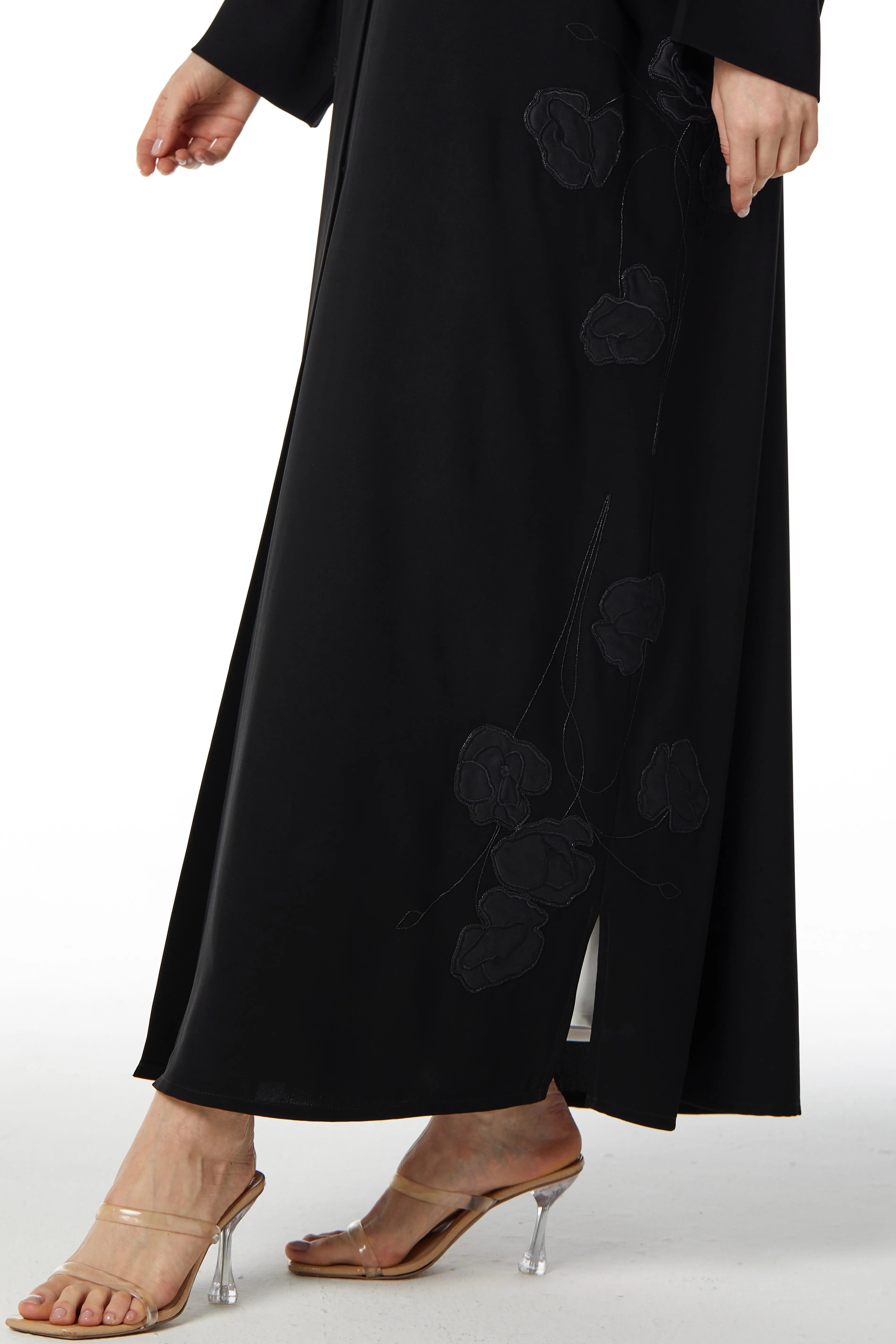 Black Aria Crepe Abaya with Side Satin Florals - Posh Abaya
