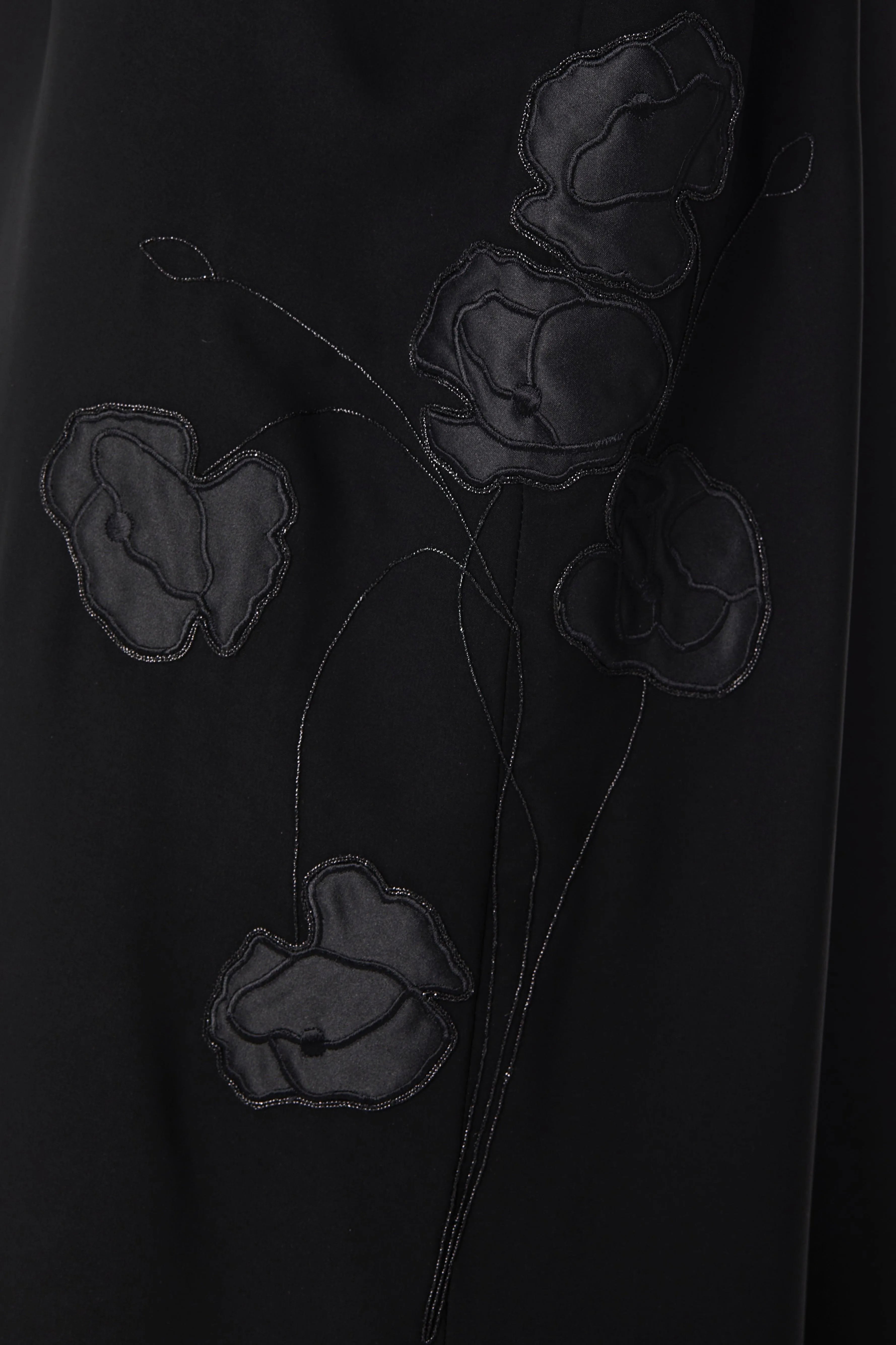 Black Aria Crepe Abaya with Side Satin Florals - Posh Abaya