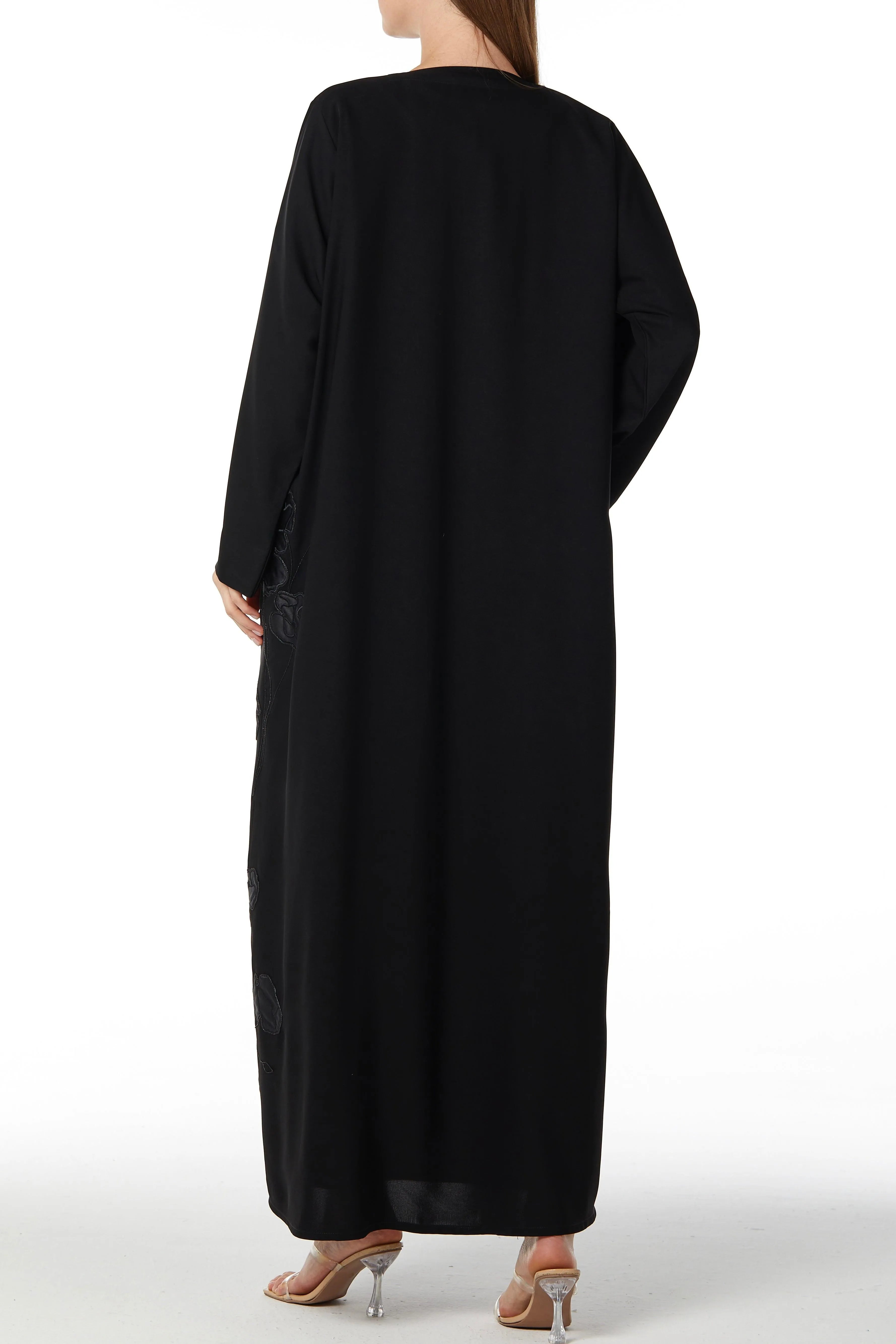 Black Aria Crepe Abaya with Side Satin Florals - Posh Abaya