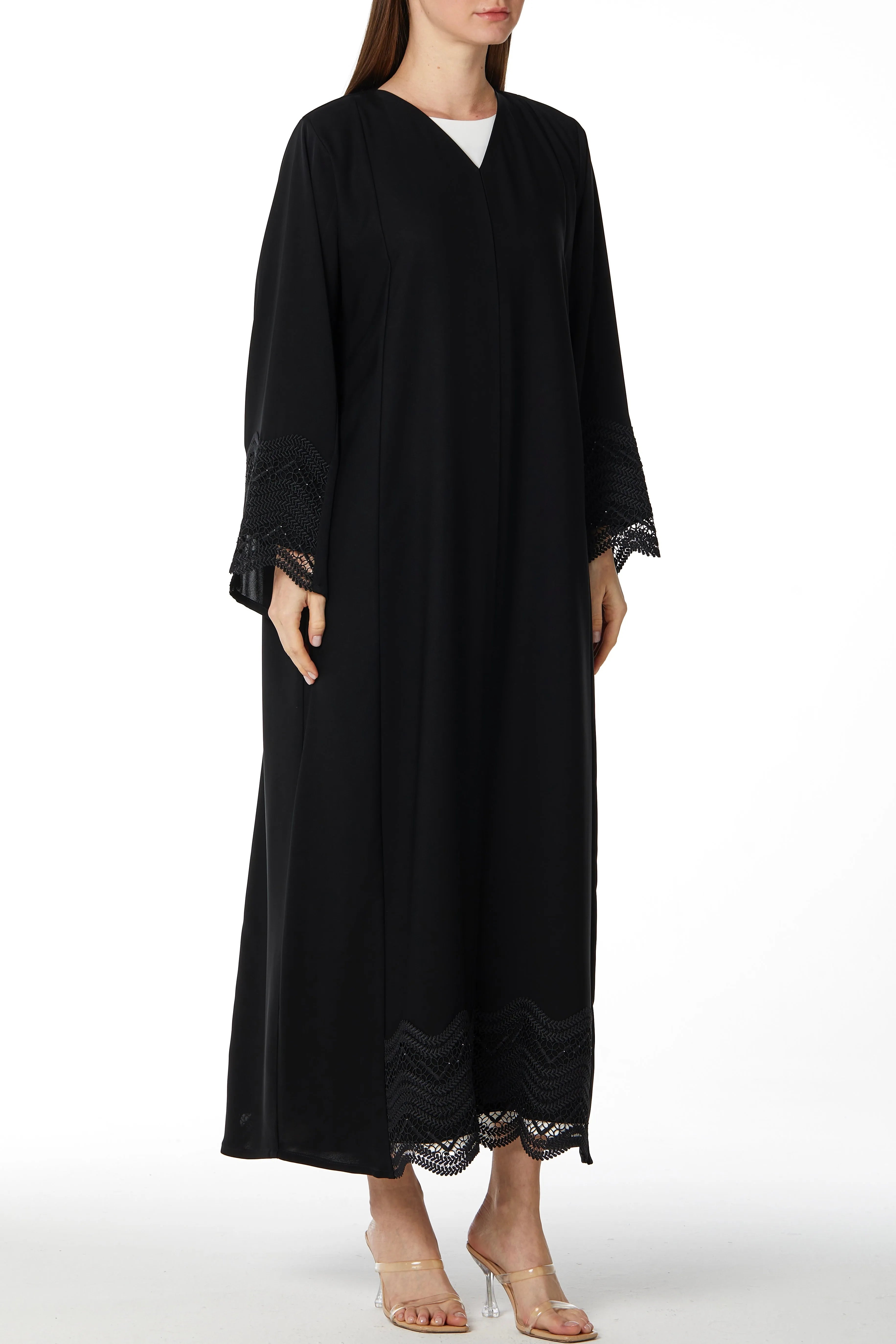 Stone Curved Lace Black Abaya - Posh Abaya