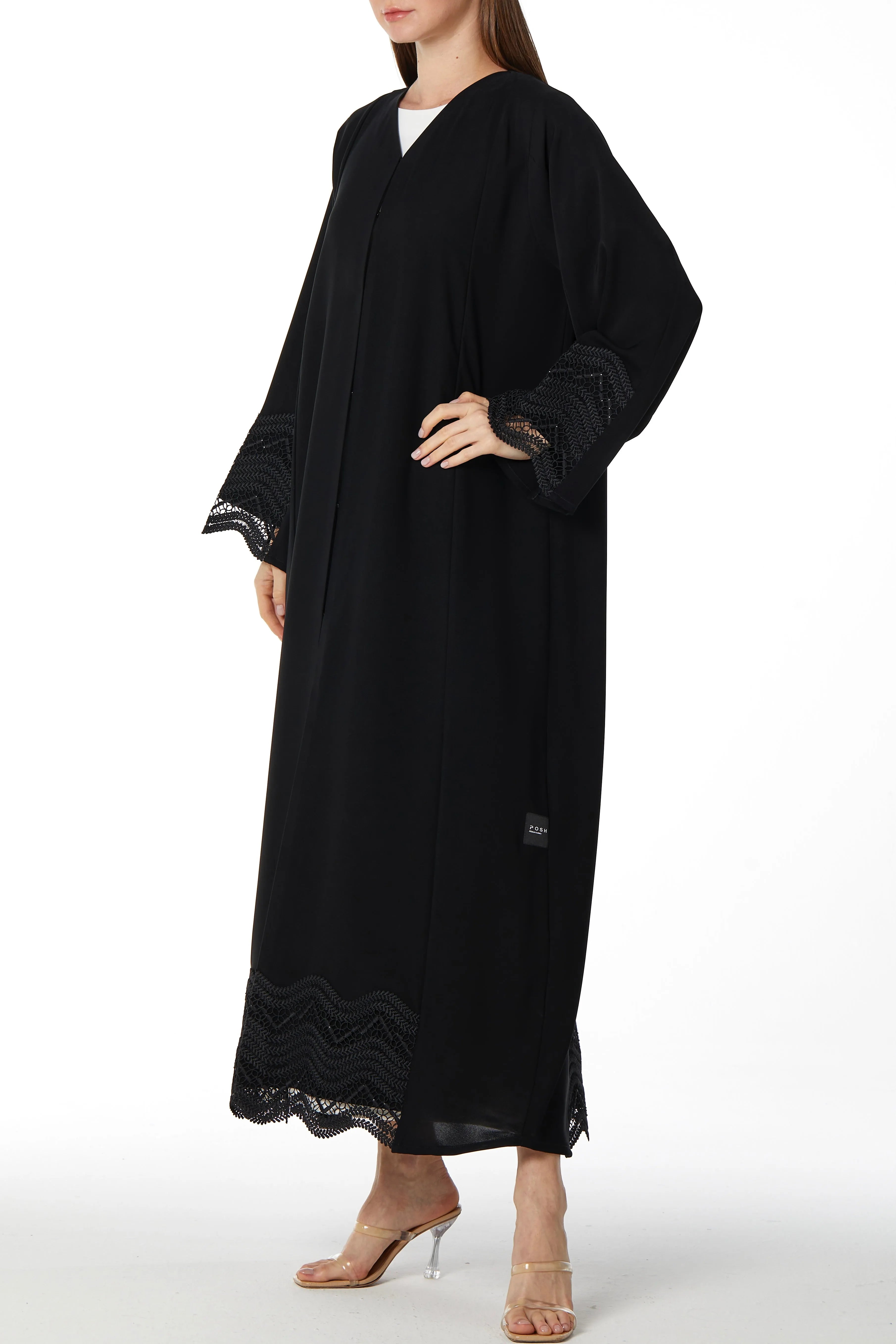 Stone Curved Lace Black Abaya - Posh Abaya