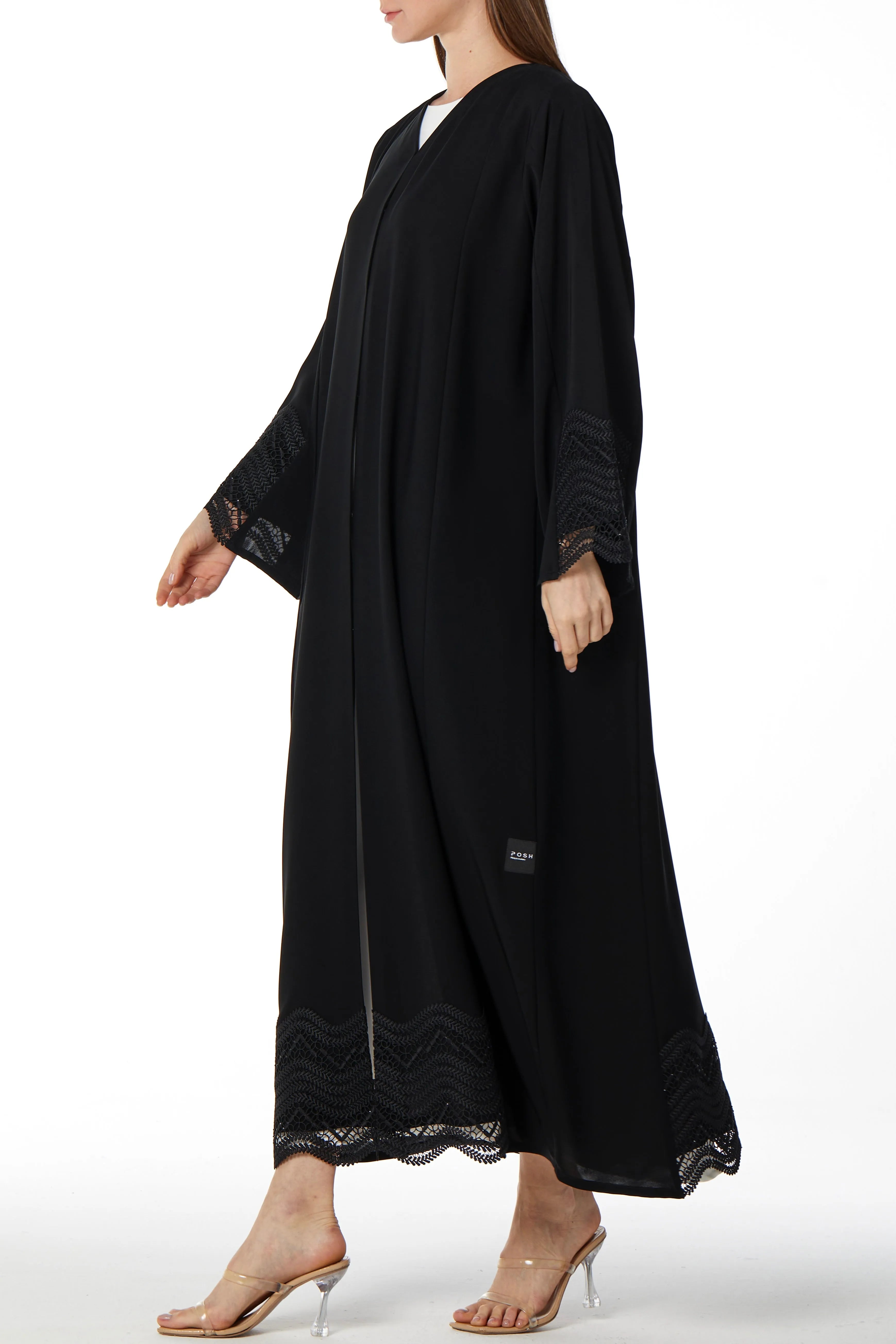 Stone Curved Lace Black Abaya - Posh Abaya