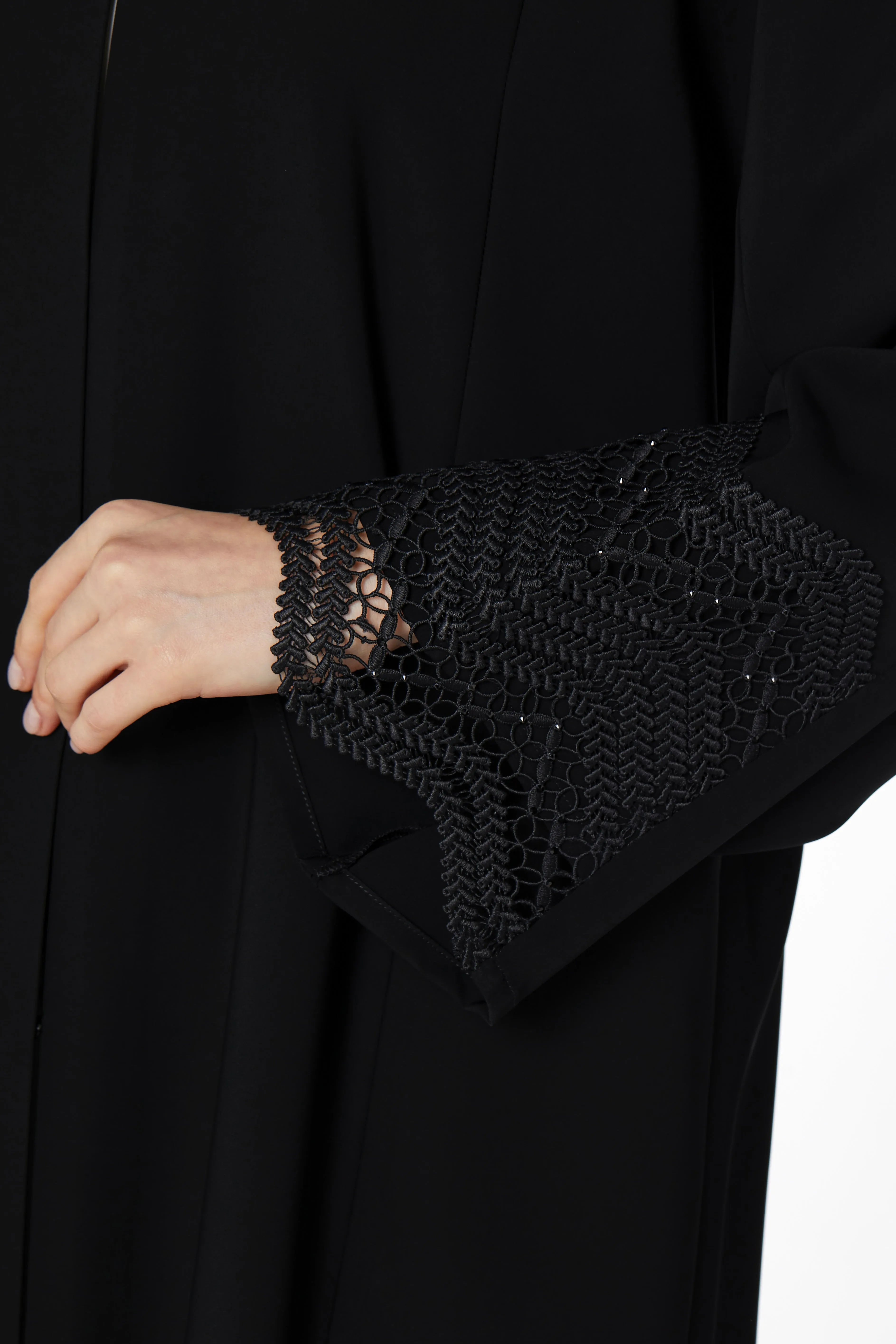 Stone Curved Lace Black Abaya - Posh Abaya