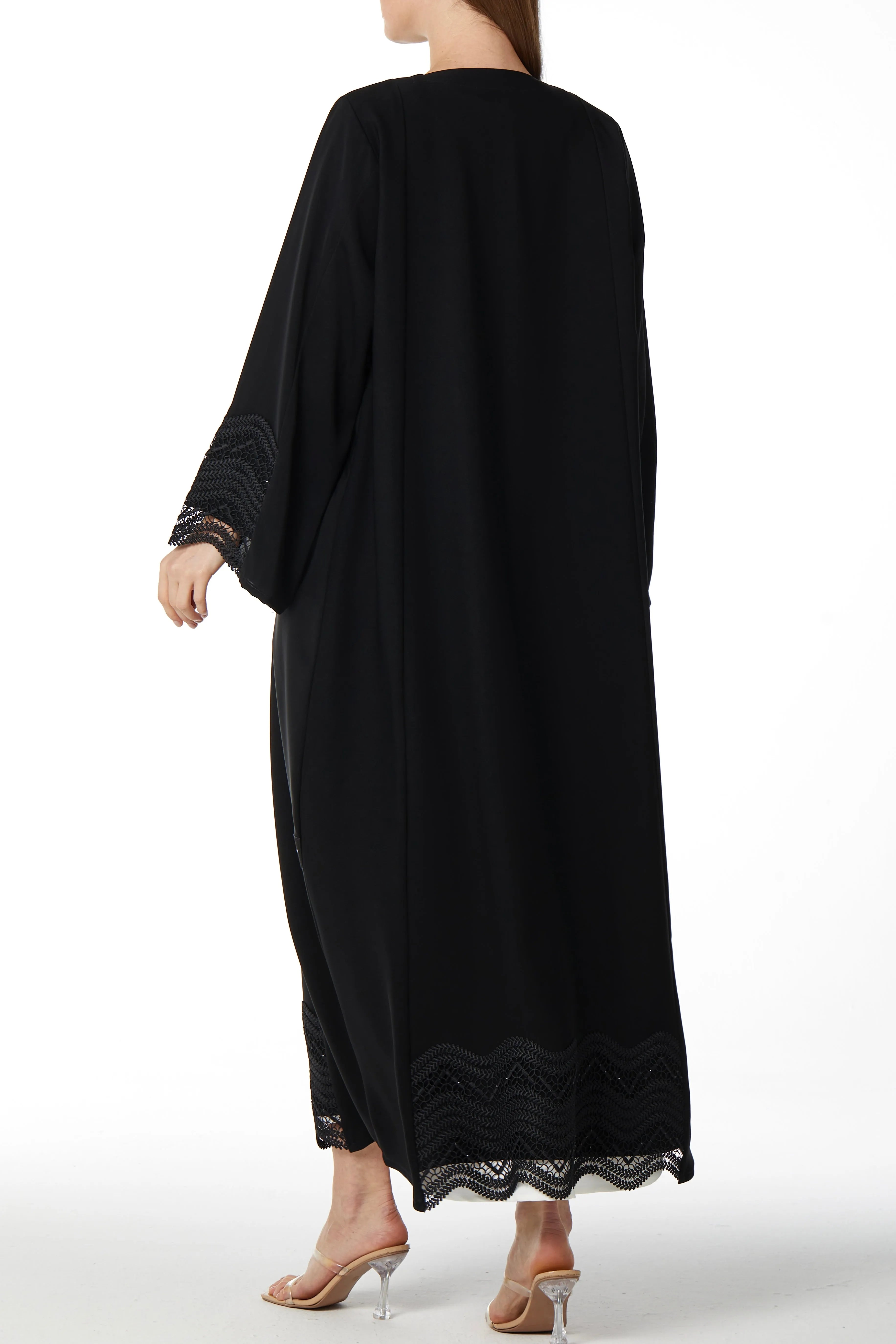 Stone Curved Lace Black Abaya - Posh Abaya