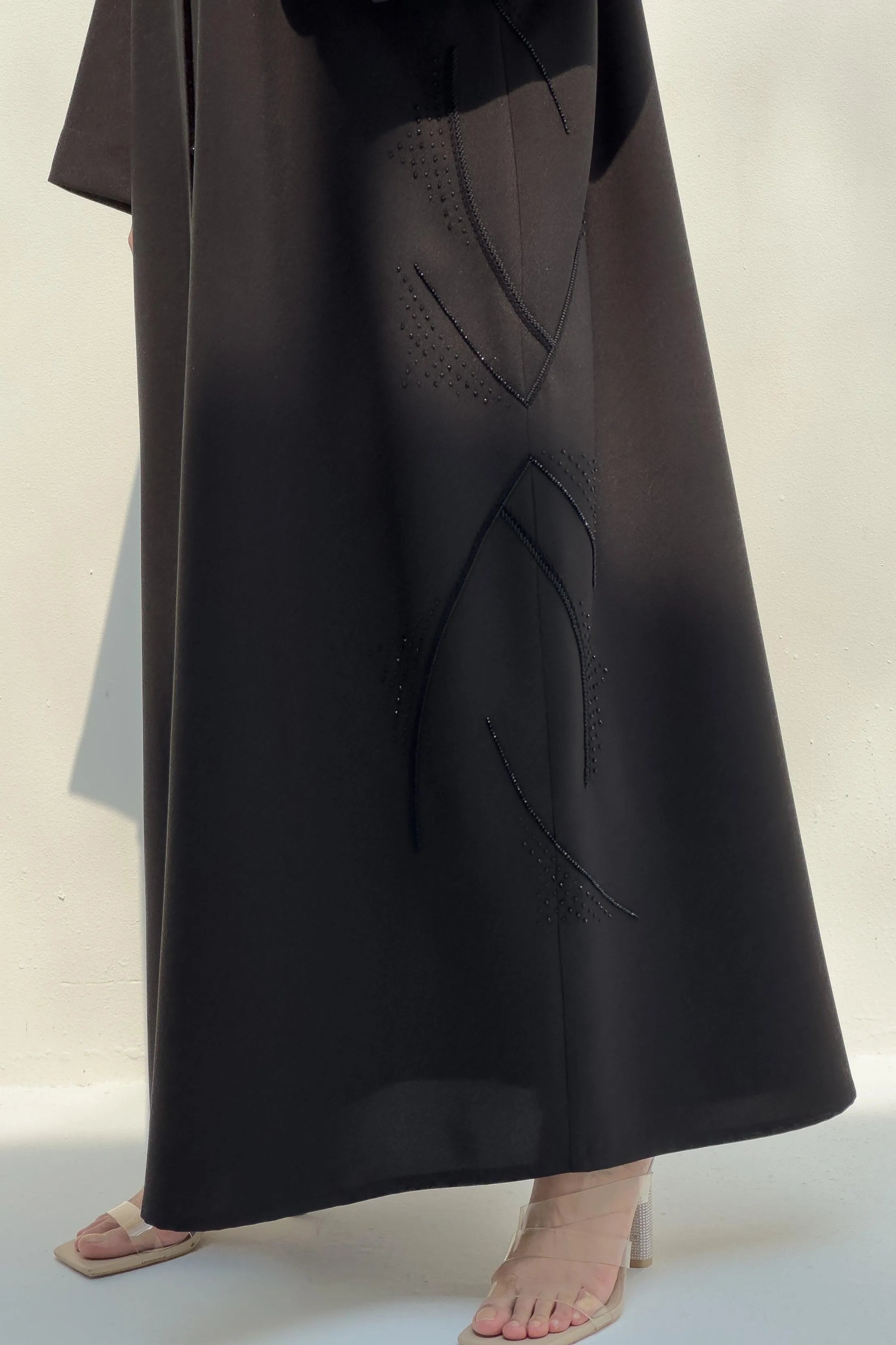 Black Classic Crepe Custom Abaya with Side Threadwork - Posh Abaya