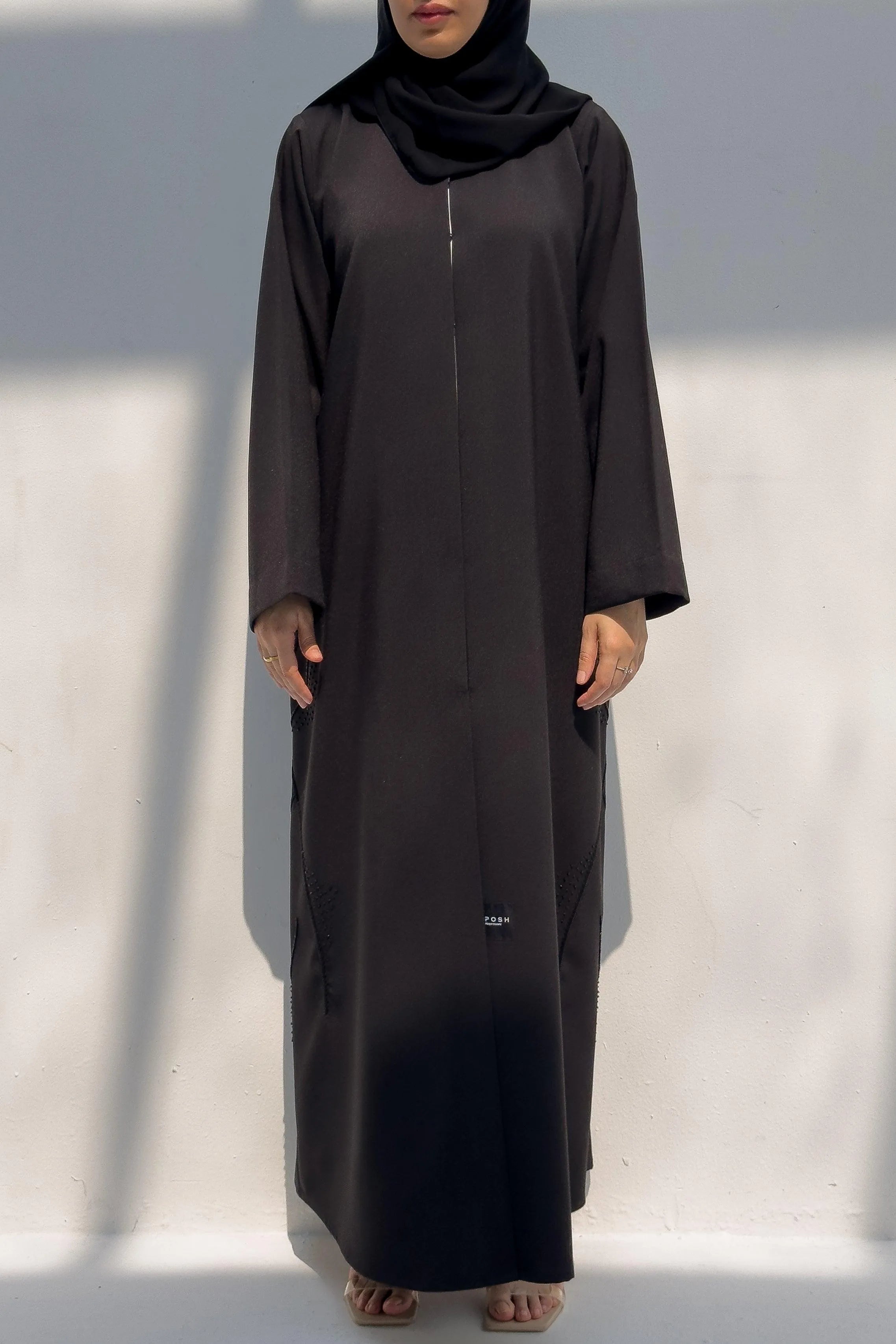 Black Classic Crepe Custom Abaya with Side Threadwork - Posh Abaya