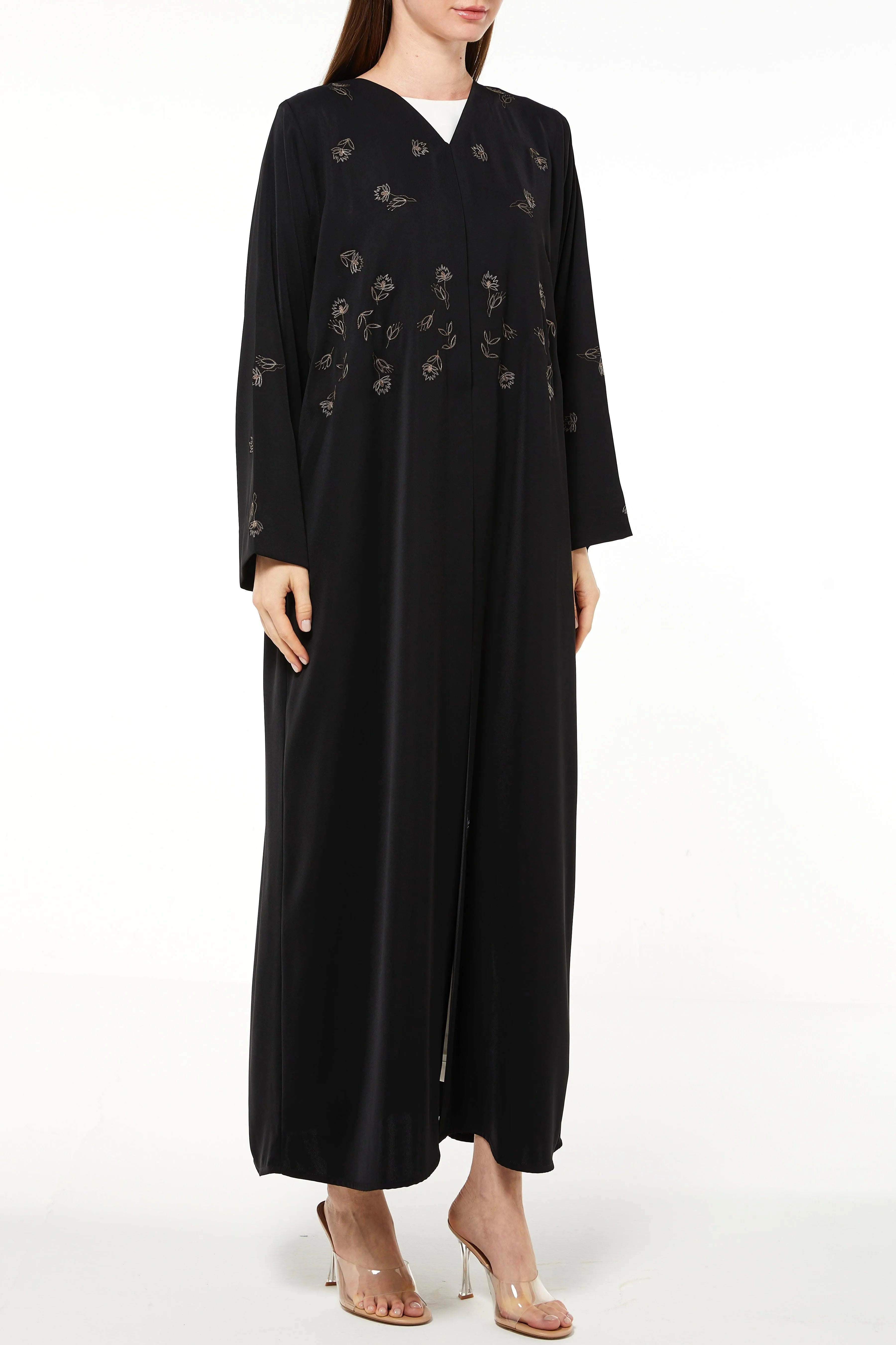 Black Rose Crepe Abaya with Front Floral Embroidery - Posh Abaya