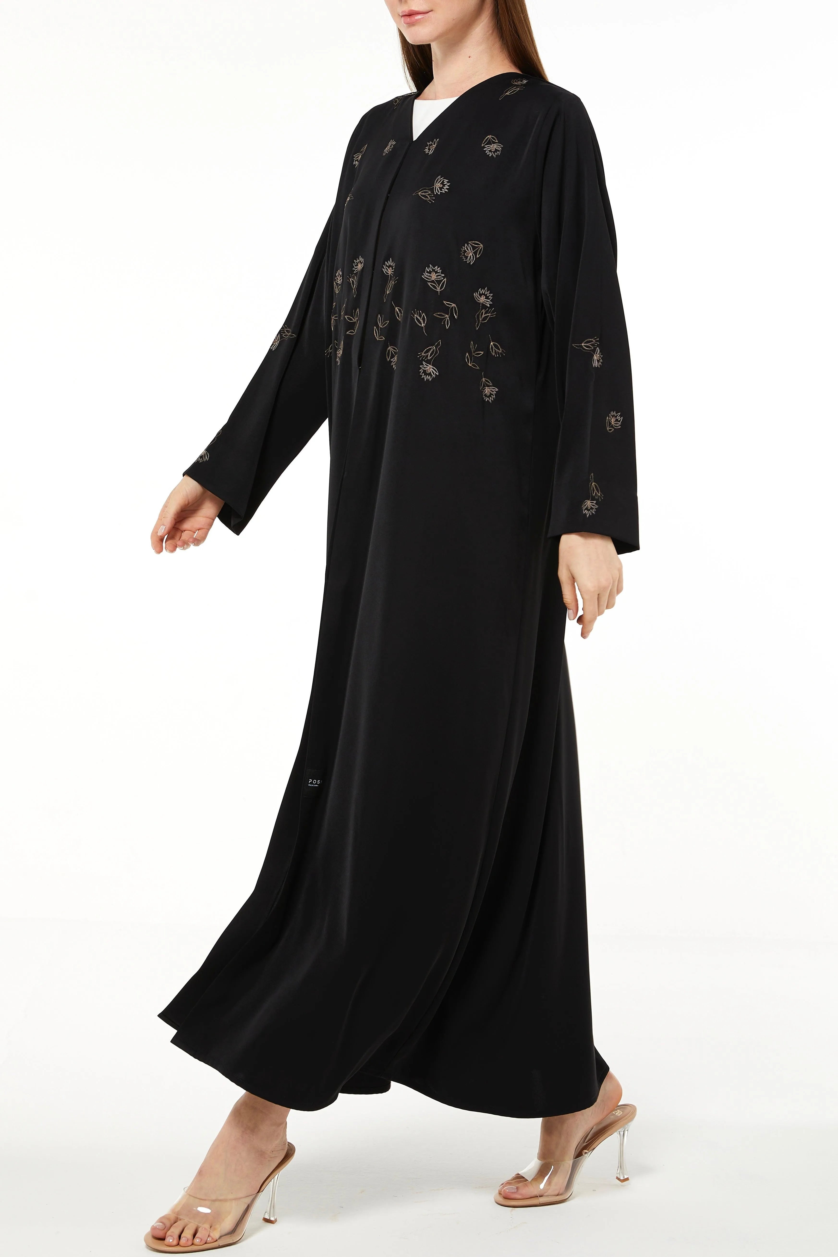 Black Rose Crepe Abaya with Front Floral Embroidery - Posh Abaya