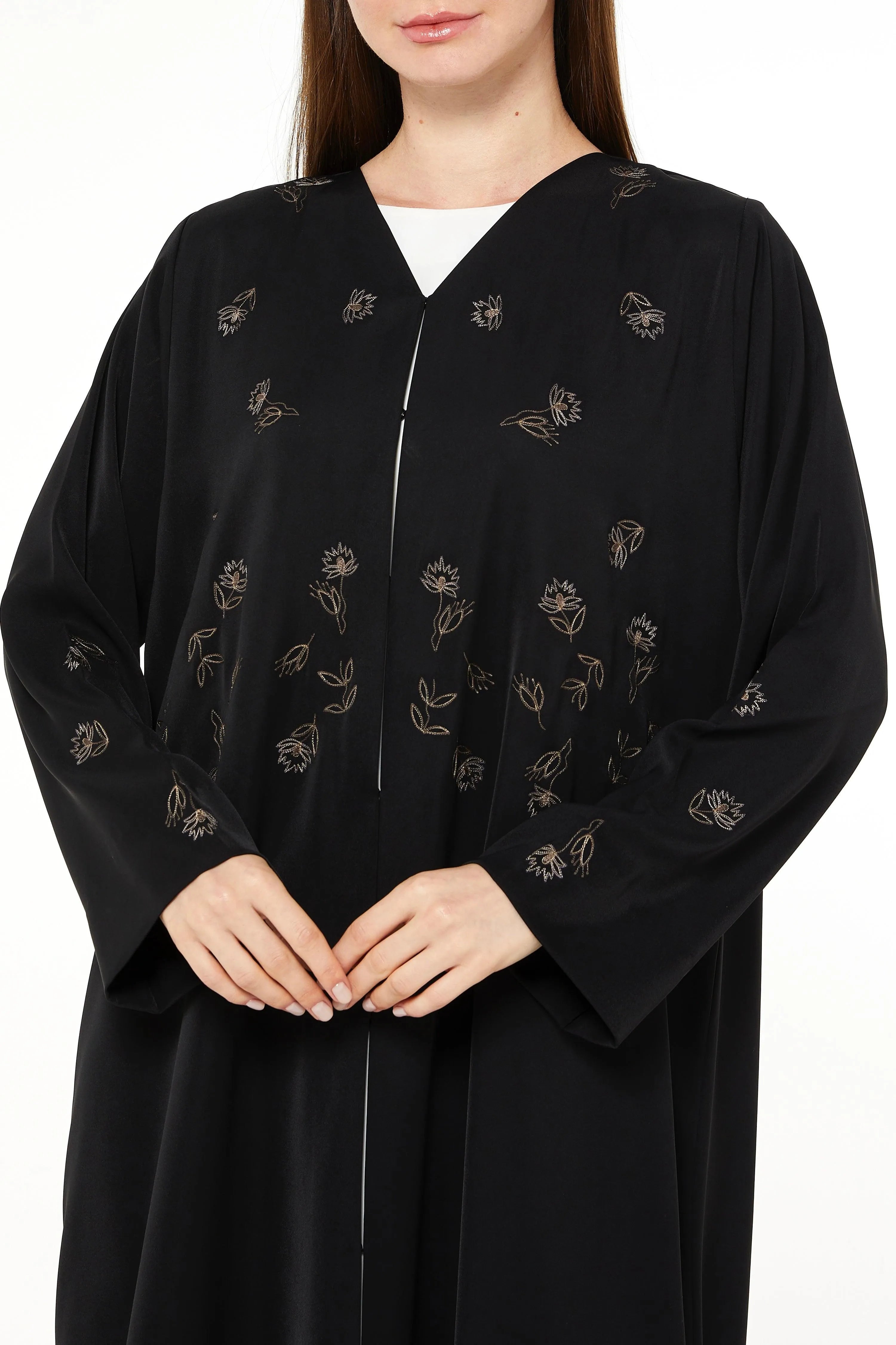 Black Rose Crepe Abaya with Front Floral Embroidery - Posh Abaya