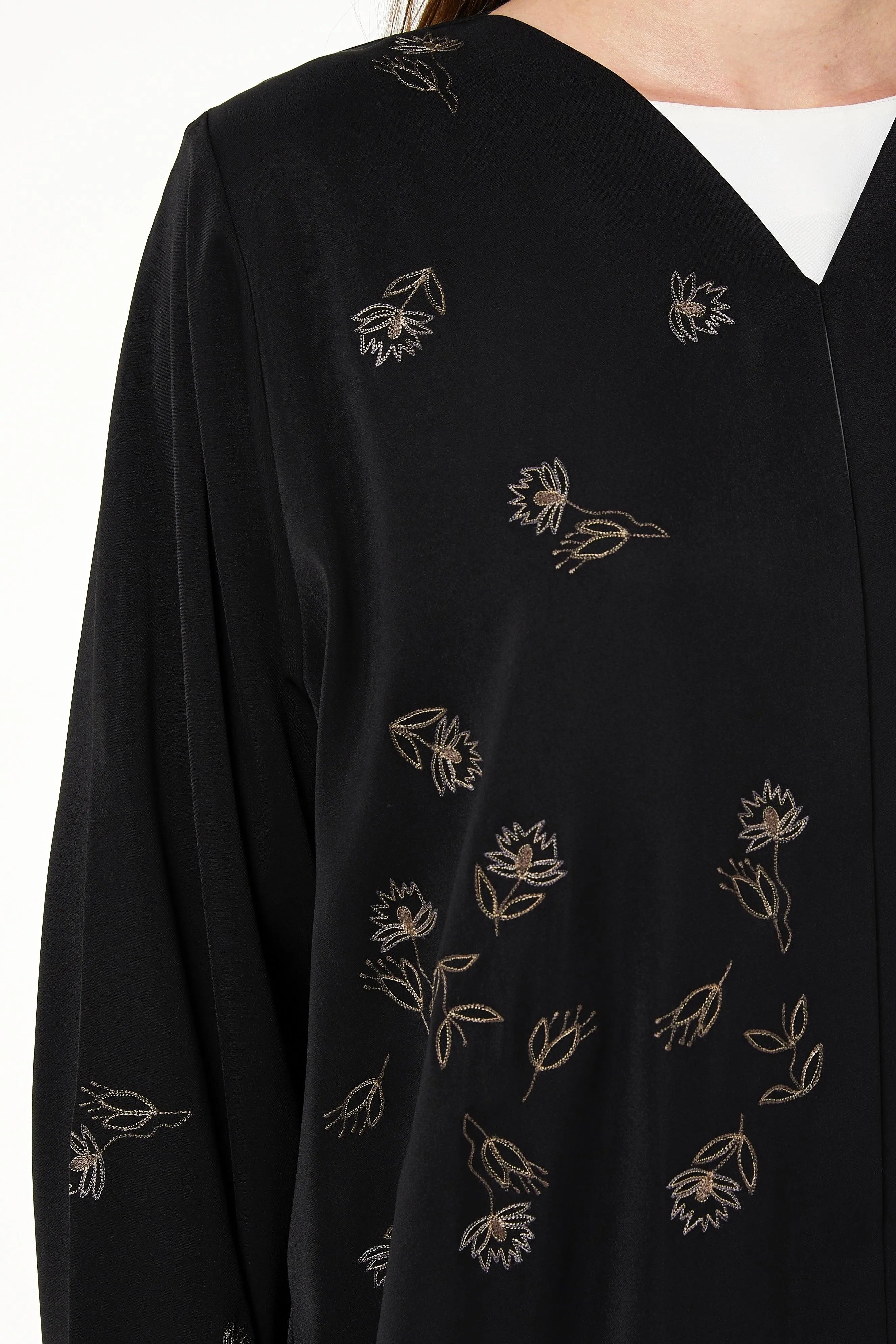 Black Rose Crepe Abaya with Front Floral Embroidery - Posh Abaya