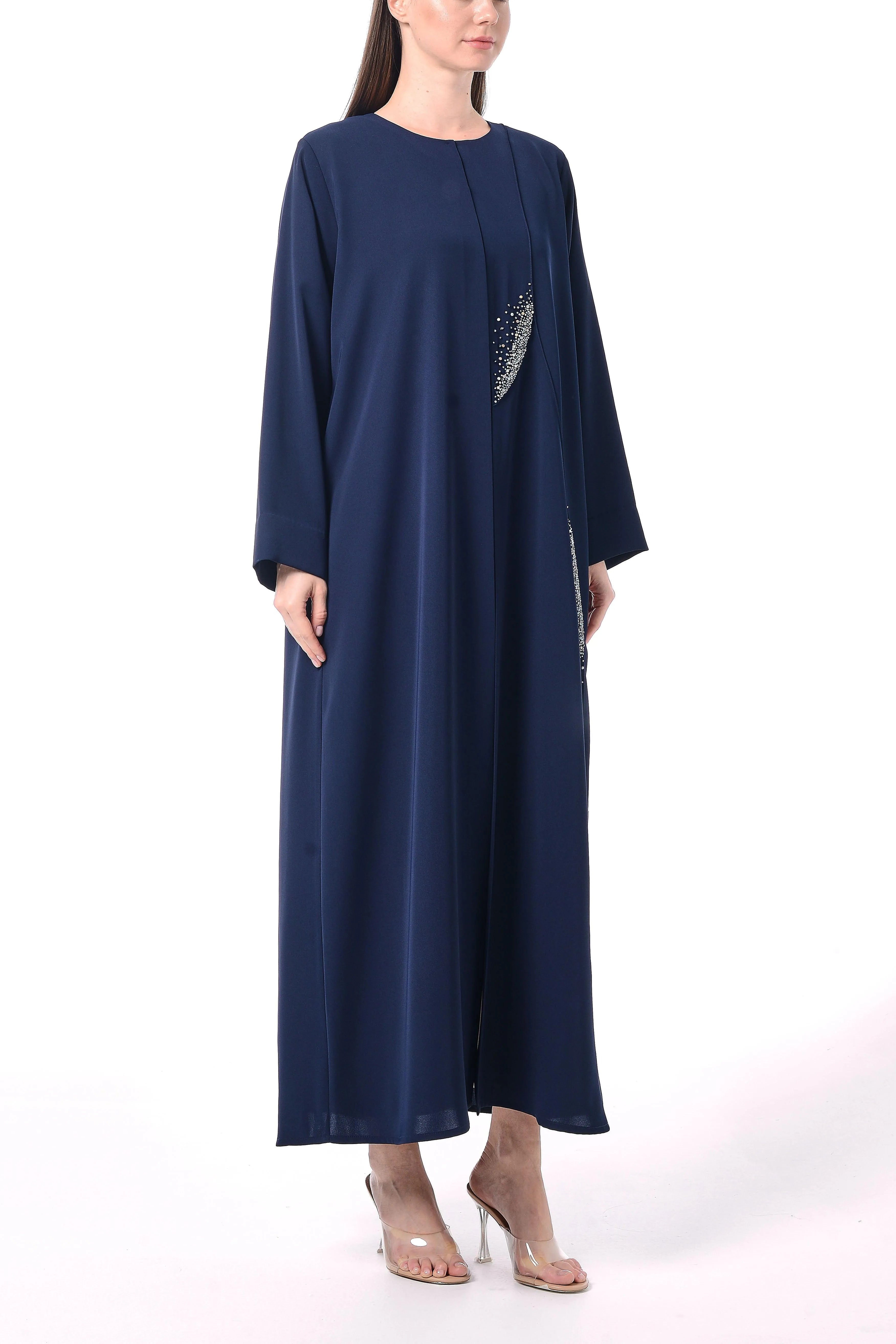 Blue Farah Crepe Abaya with Crystal Bead Embellishments - Posh Abaya
