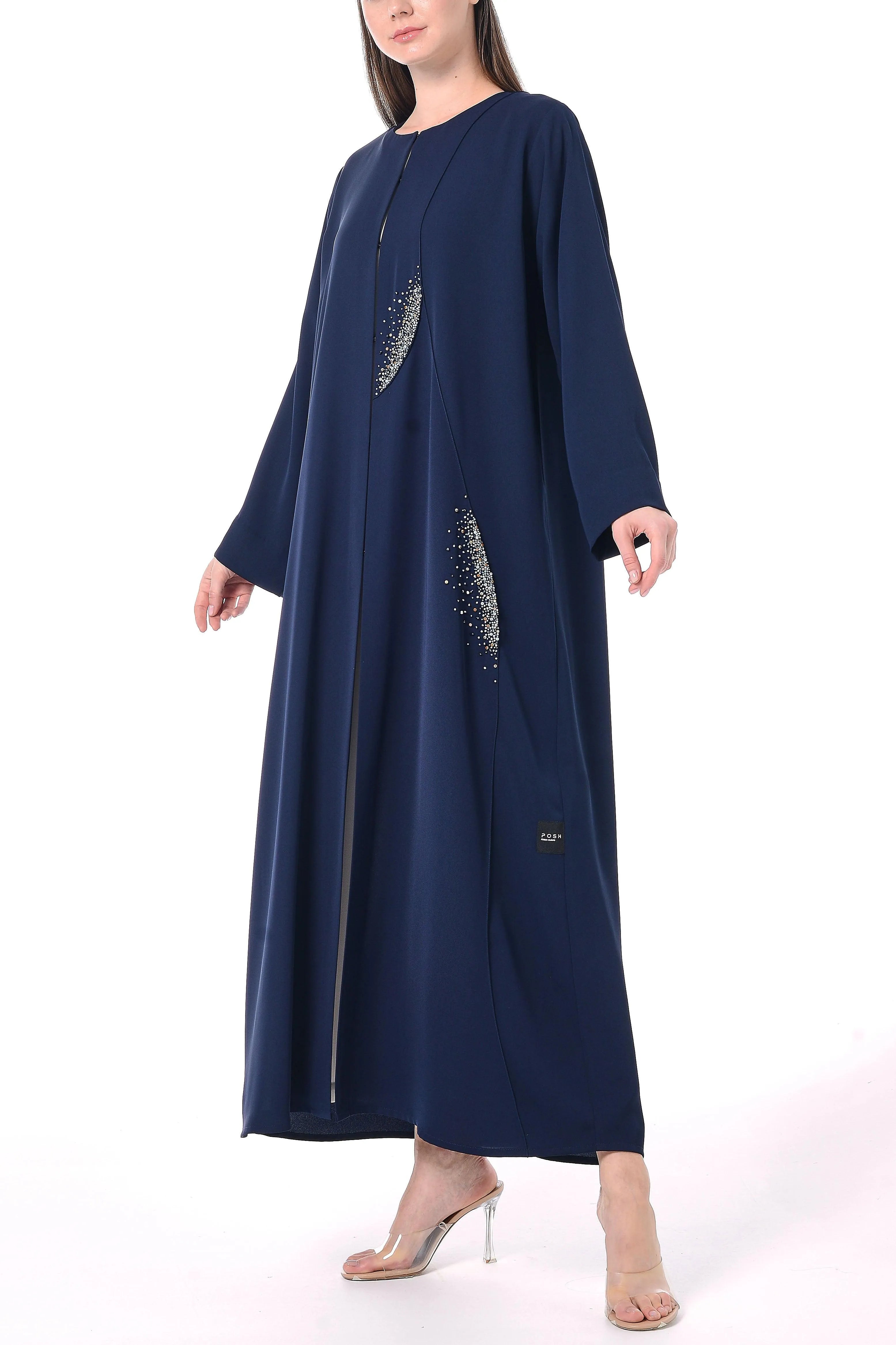 Blue Farah Crepe Abaya with Crystal Bead Embellishments - Posh Abaya