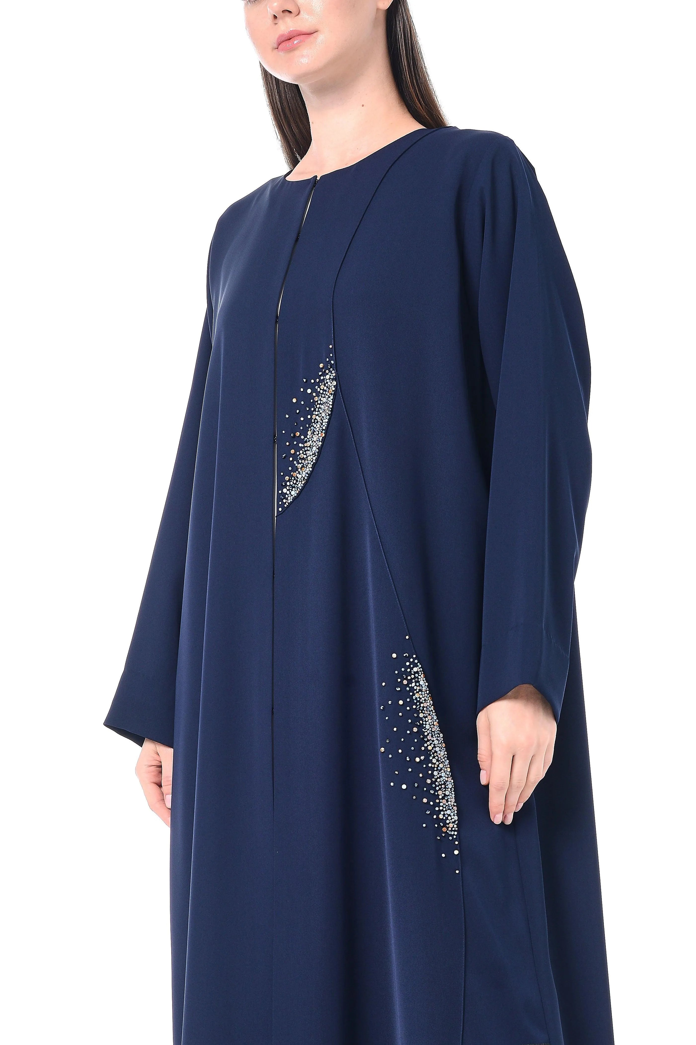 Blue Farah Crepe Abaya with Crystal Bead Embellishments - Posh Abaya