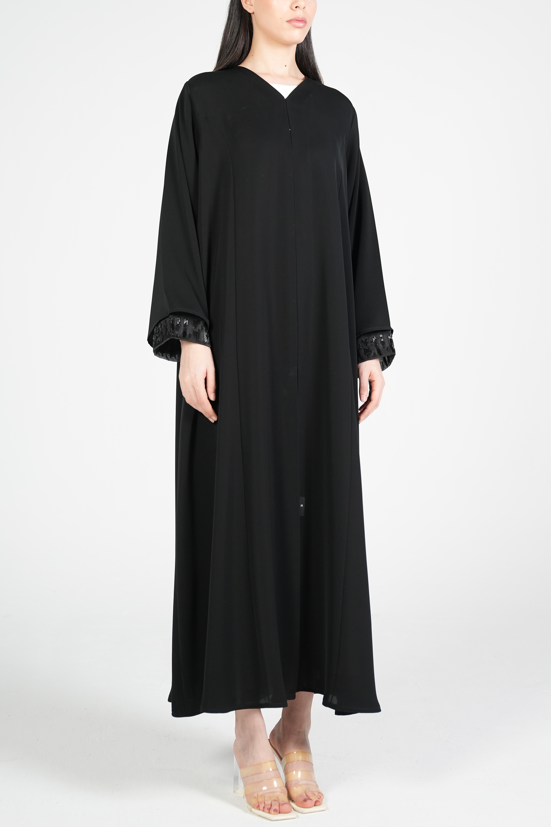 Black Mario Crepe Abaya with Double Layer Sleeves and Contemporary Beadwork - Posh Abaya